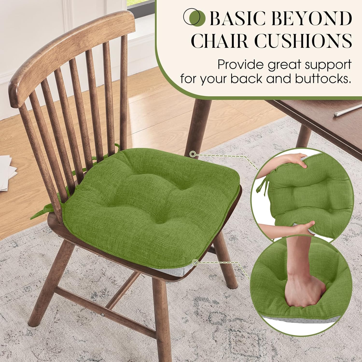 Basic Beyond Cojines para sillas de comedor, 4 unidades, cojines de espuma viscoelástica con lazos y respaldo antideslizante, 15.5 x 15.5 pulgadas,