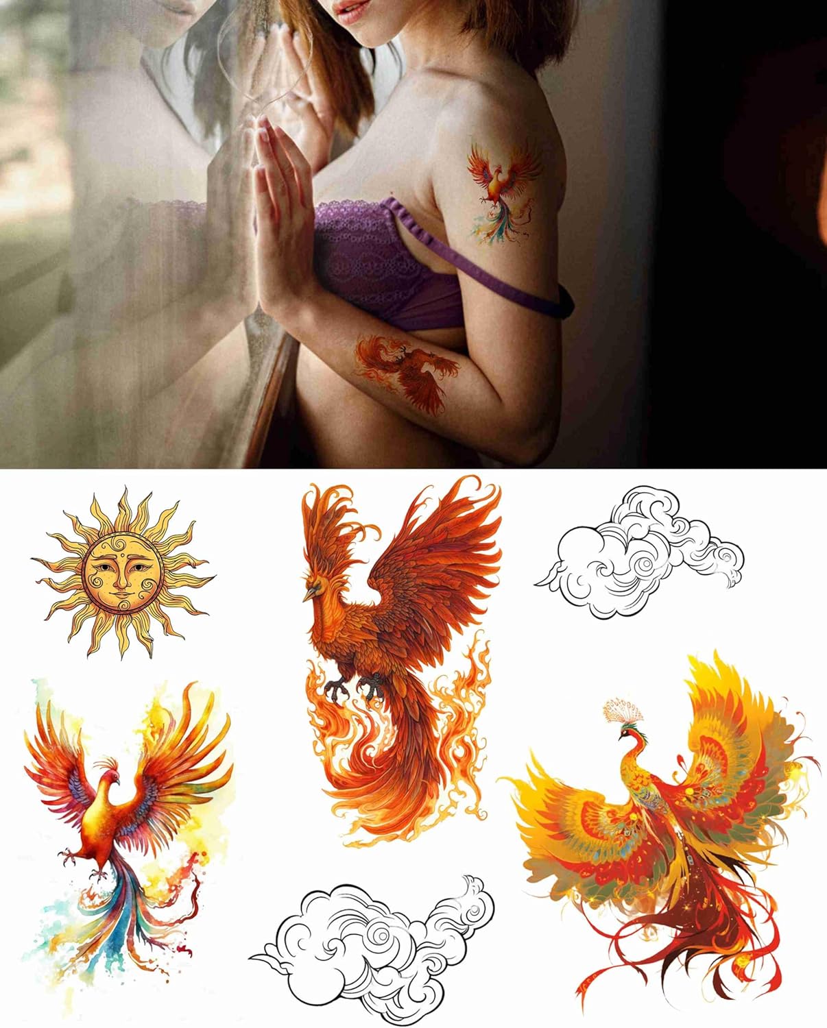 Tattoonova 18 hojas de tatuajes temporales para mujer, pájaros, fiesta, favores de fiesta de fénixes, manga corporal, cara, loto, tatuajes falsos