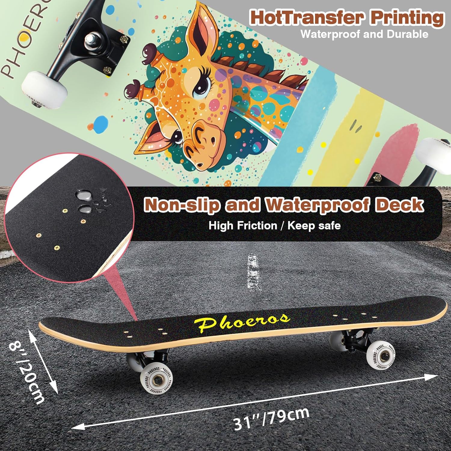 DIY Complete Skateboards- Standard Skateboards for Beginners Kids Boys Girls Teenager- 31”x 8”Canadian Maple Cruiser Pro Skate Board, Skateboards