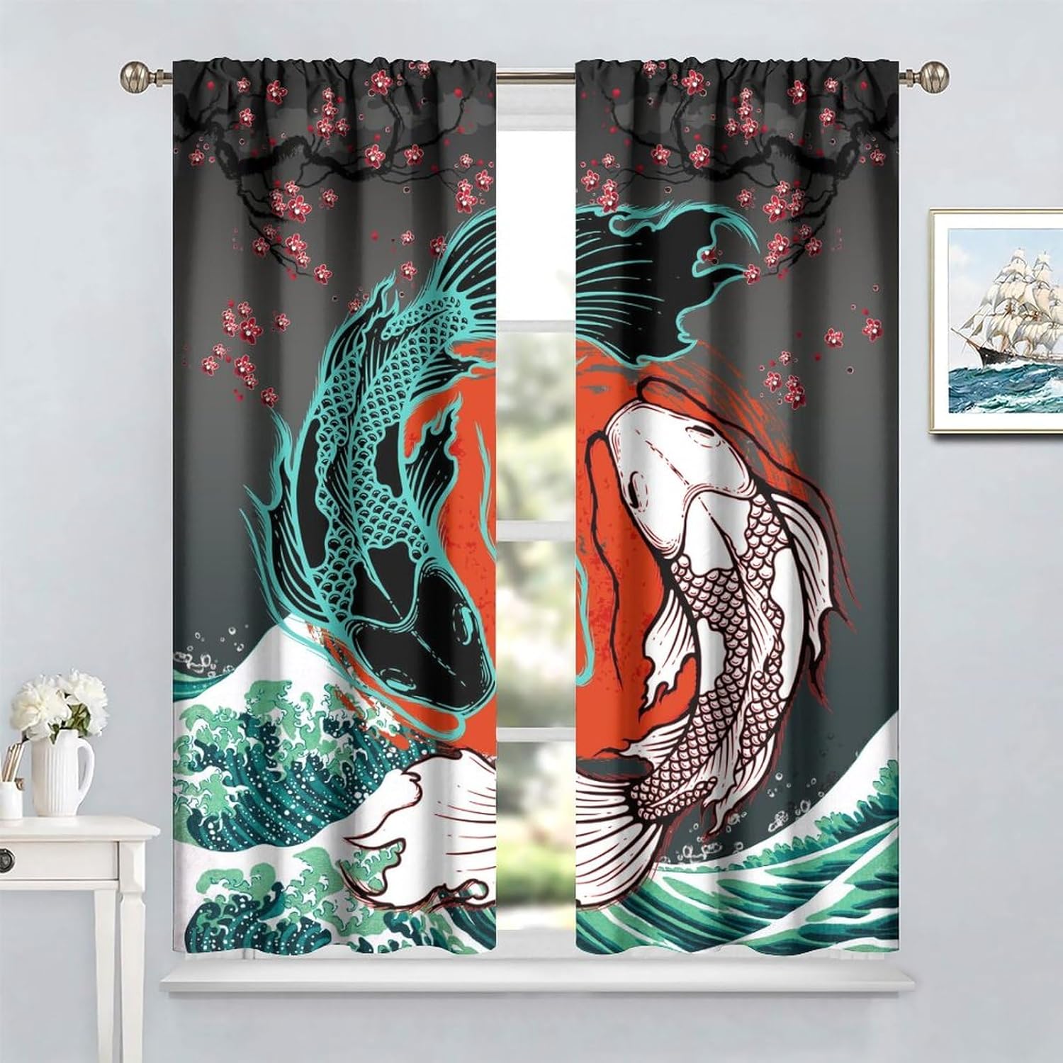 SENQIAN Koi – Cortinas opacas para cocina, estética japonesa, romántica, flor de cerezo, ondas, con bolsillo para cortinero, cortinas opacas para