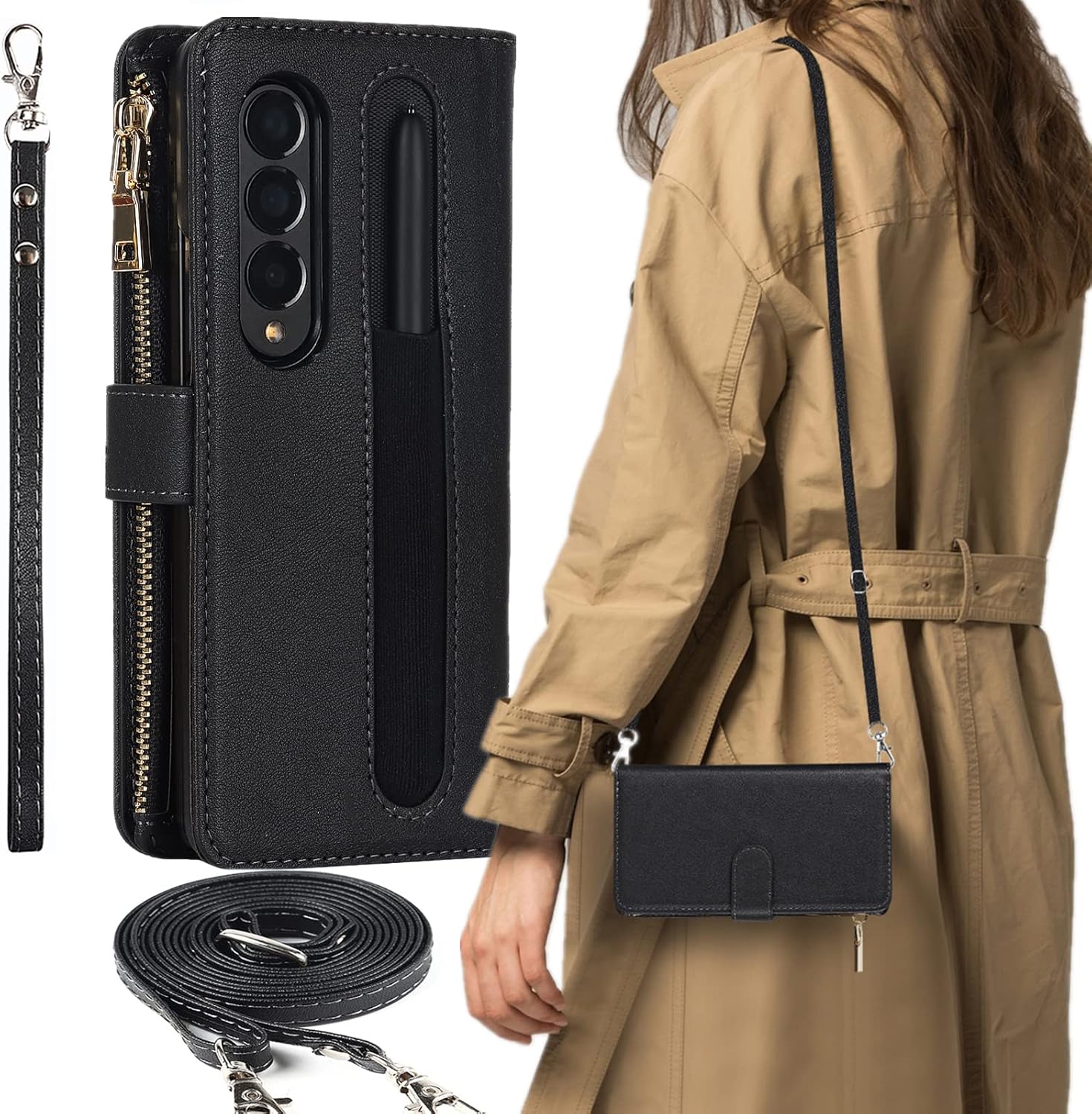 SailorTech Funda de teléfono con diseño de cartera para Samsung Galaxy Z Fold 4 5G con soporte para bolígrafo S, 9 tarjetero, 1 monedero con