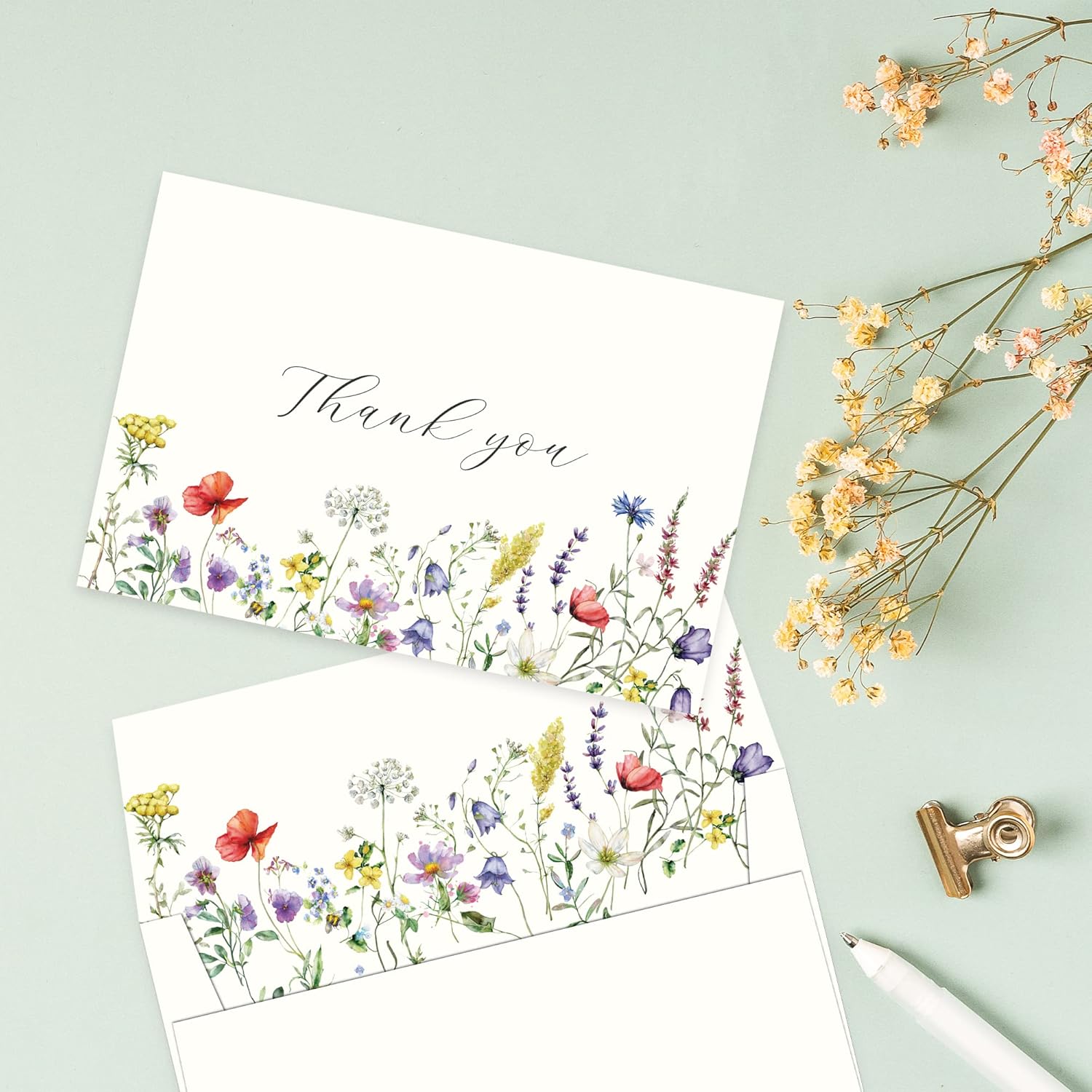 Tarjetas de agradecimiento florales de verano 4 x 6 con sobres (paquete de 20 sobres a granel) a juego, flores silvestres, bodas, notas en blanco