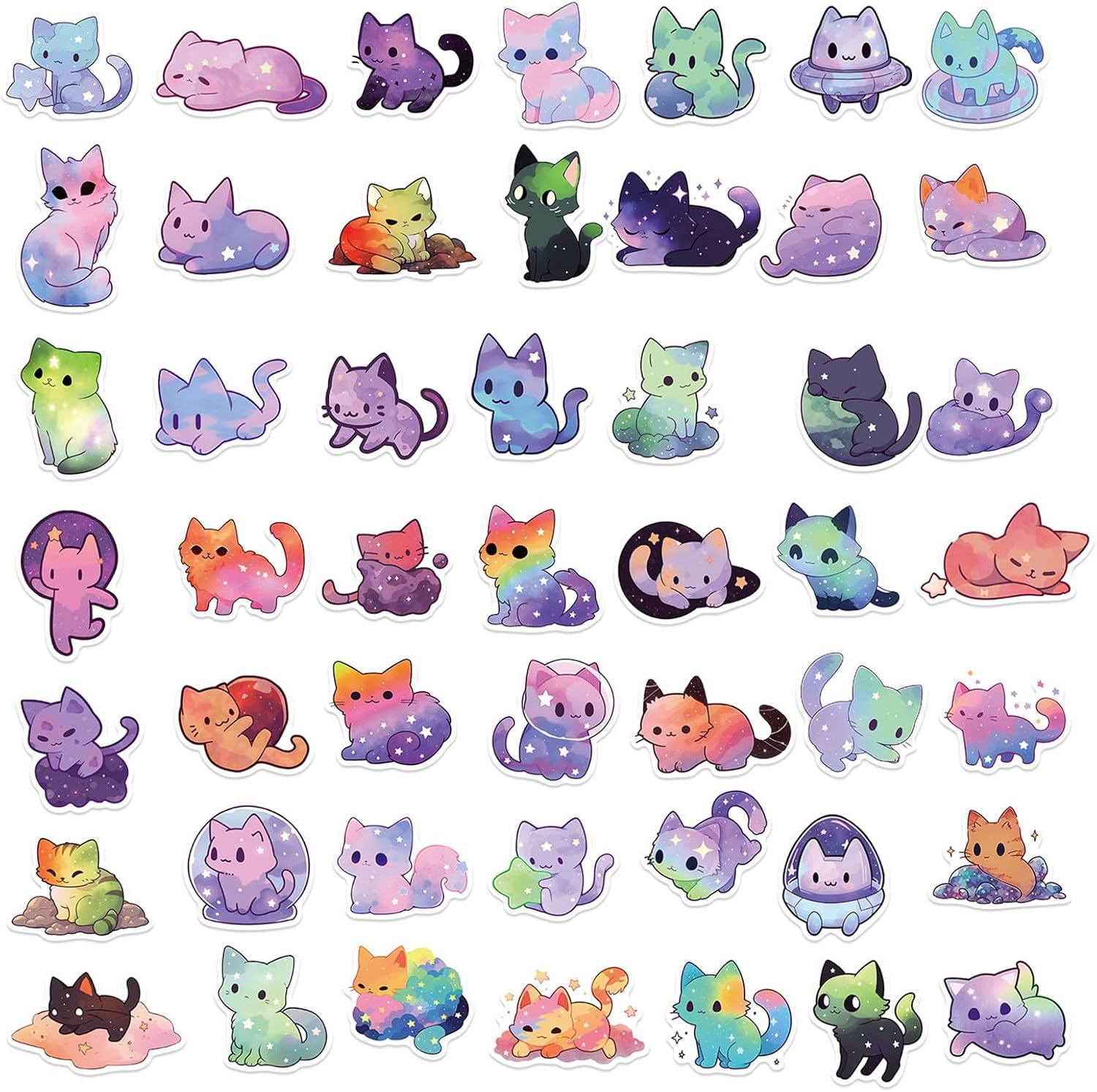 jjlin JJLIN-1 – 50 calcomanías de gato con cielo estrellado, calcomanías de gato de color arcoíris, colección Galaxy para botellas de agua, regalos