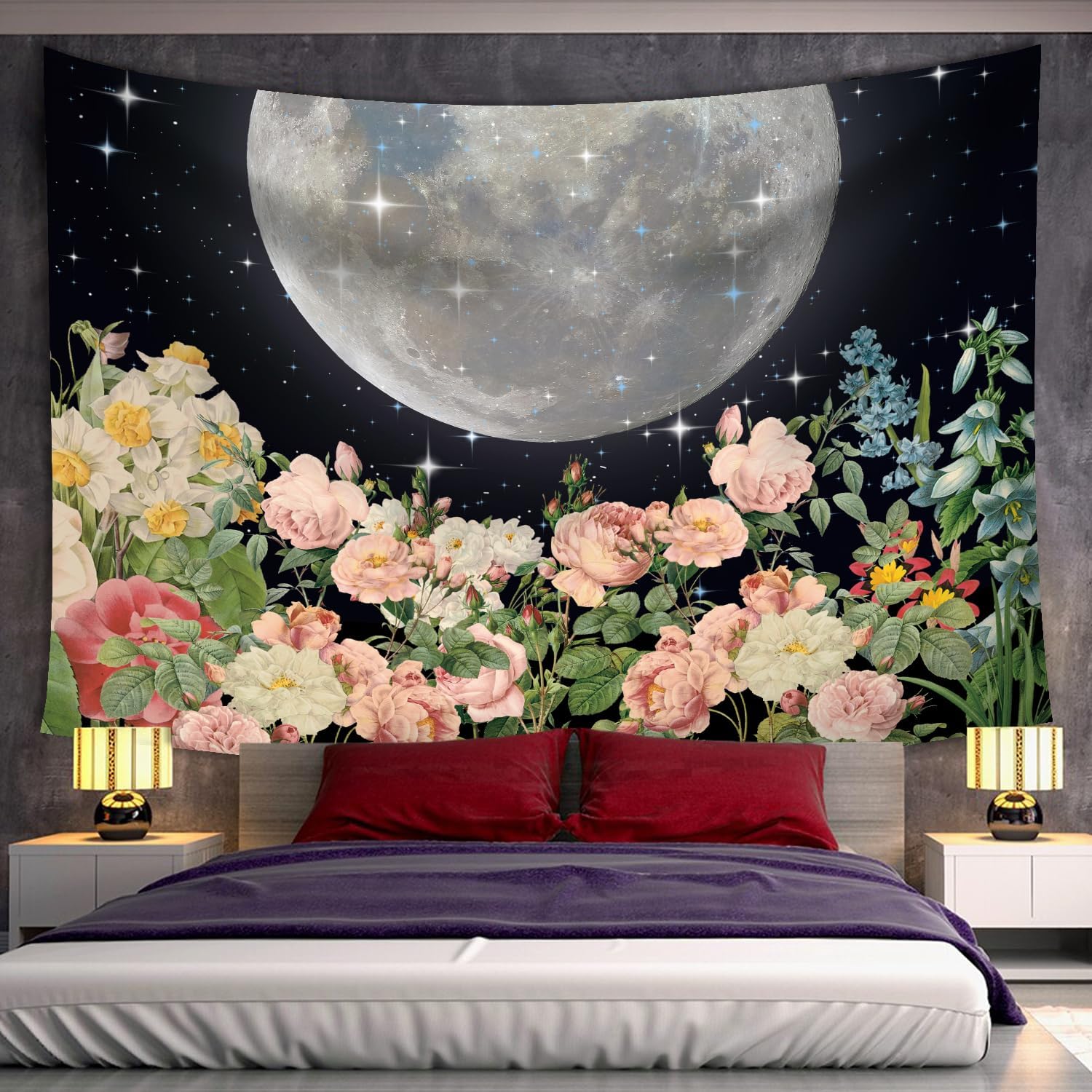 Color Duty GTXPCD556 – Tapiz bohemio de plantas florales para colgar en la pared, 80 x 60 pulgadas, luna, estrella, cielo, bohemio, acuarela,