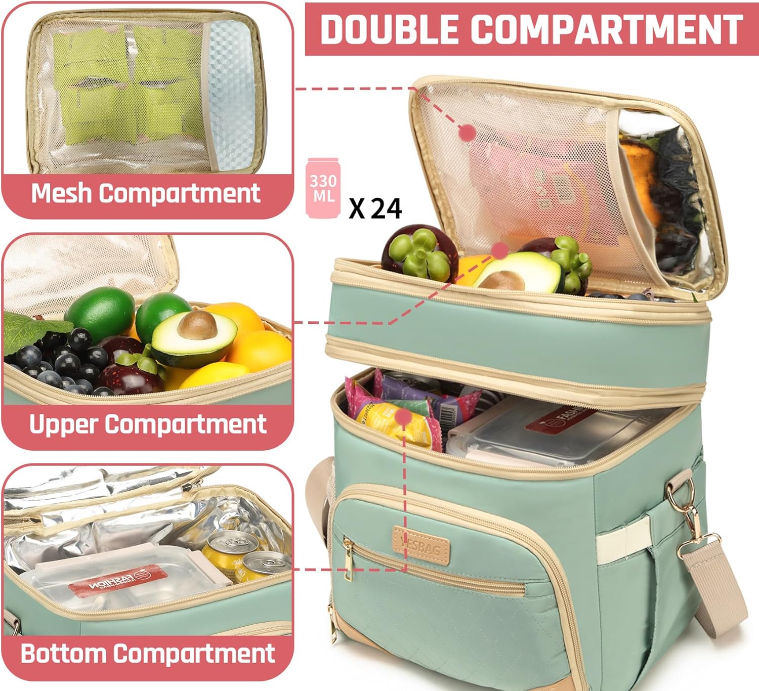 Bolsa de almuerzo para mujer, a prueba de fugas, aislada, suave, para adultos, con correa de hombro ajustable, para oficina, trabajo y picnic