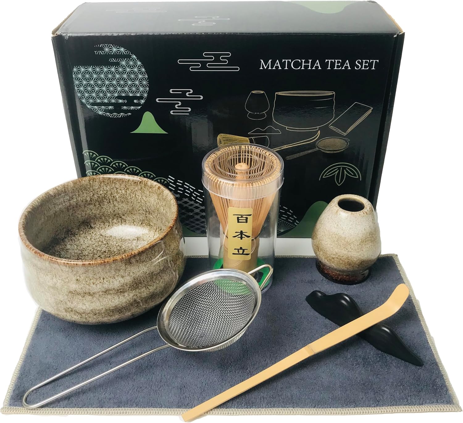 Juego de té matcha japonés (7 piezas), juego de batidor de matcha, batidor y tazón, soporte para batidor, cuchara matcha, el kit perfecto para hacer
