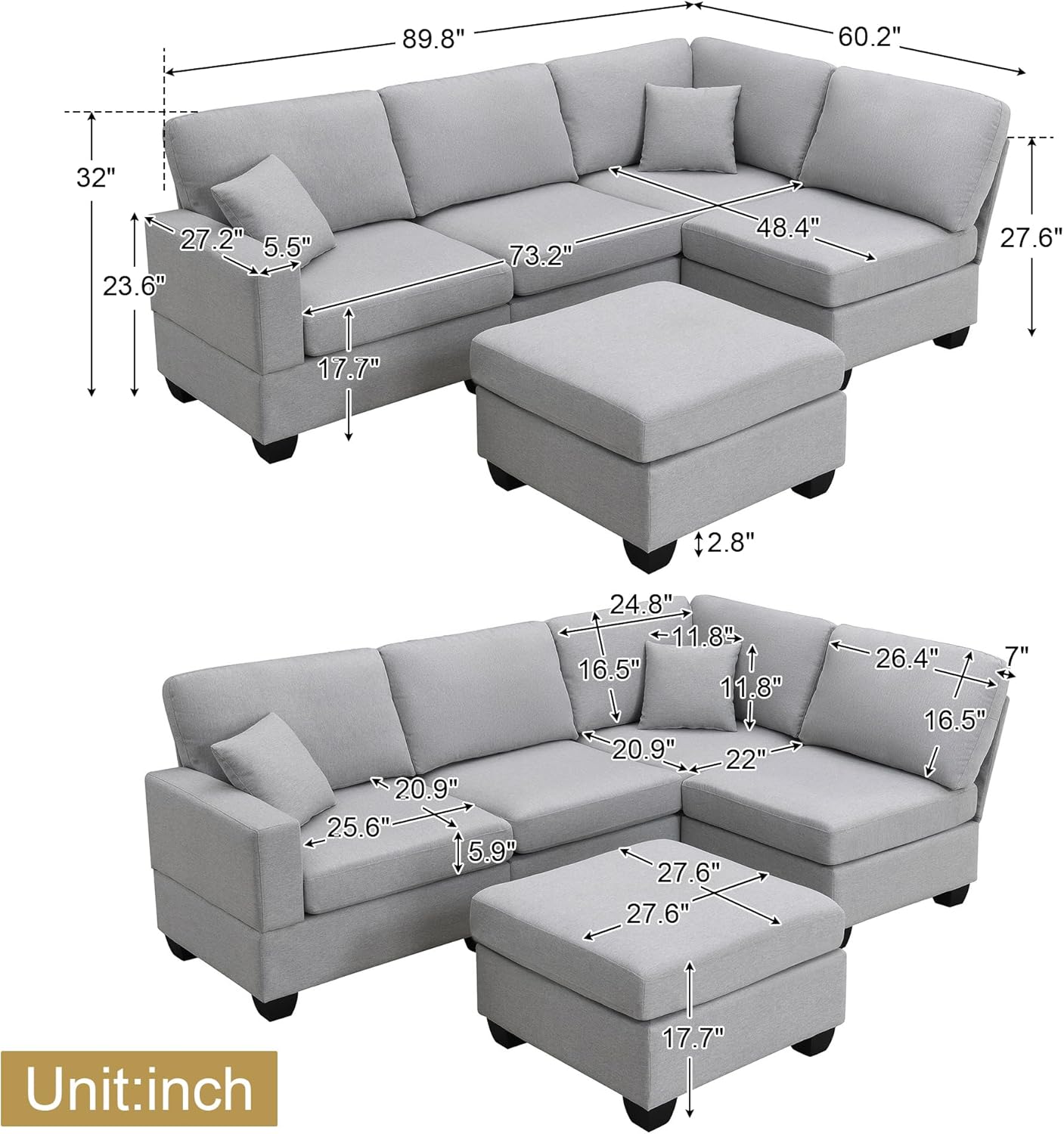 Juego de sofá esquinero de tela de lino en forma de L, moderno sofá modular con otomana convertible y 2 almohadas, juego de sofá modular de 5