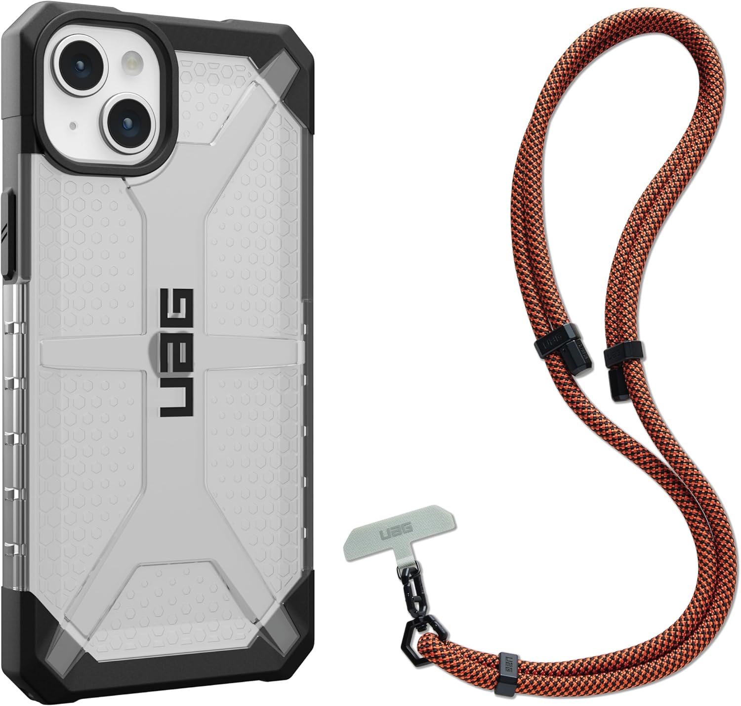 URBAN ARMOR GEAR UAG – Funda diseñada para iPhone 15 Plus, hielo de plasma de 6.7 pulgadas, con cordón cruzado UAG para teléfono civil, correa