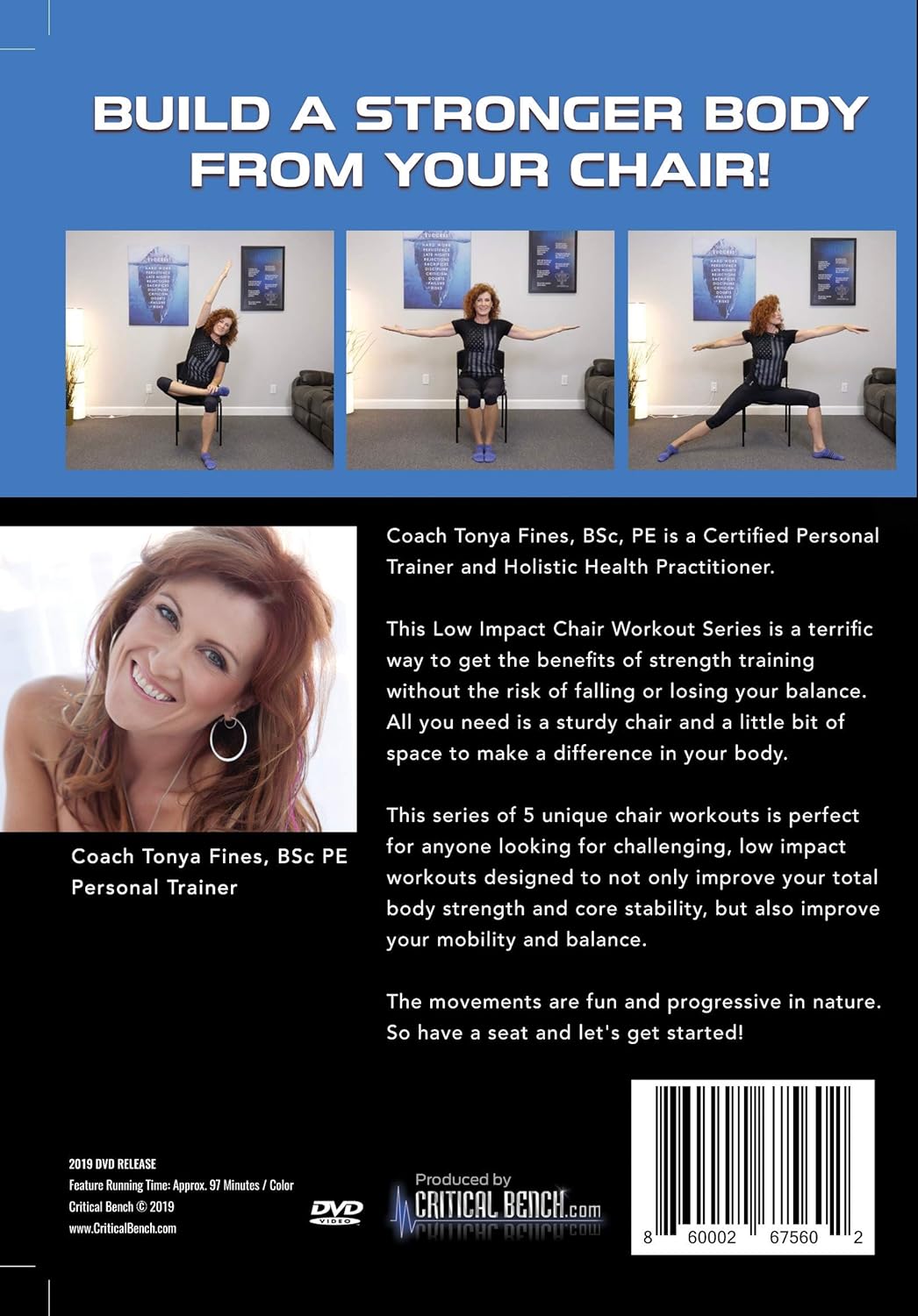 CRITICAL BENCH.COM DVD de la serie de entrenamiento de silla de bajo impacto, ejercicios de seguimiento de bajo impacto para movilidad, equilibrio,