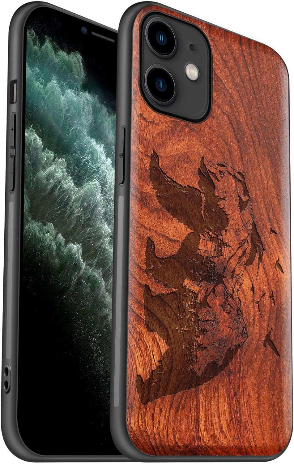 Carveit Funda de madera para iPhone 11 madera natural y TPU suave negro a prueba de golpes, funda protectora única y elegante de madera compatible