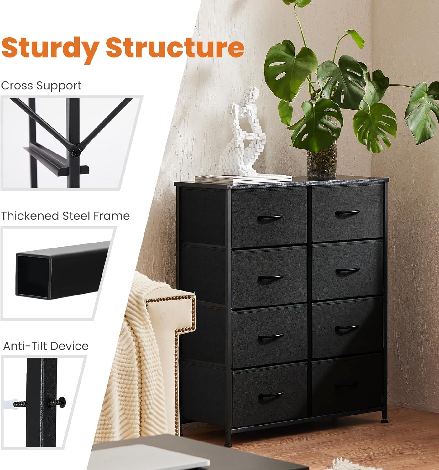 Sweetcrispy Cómoda de 8 cajones para dormitorio, muebles de habitación de niños, torre de pecho alto, unidades organizadoras de almacenamiento para