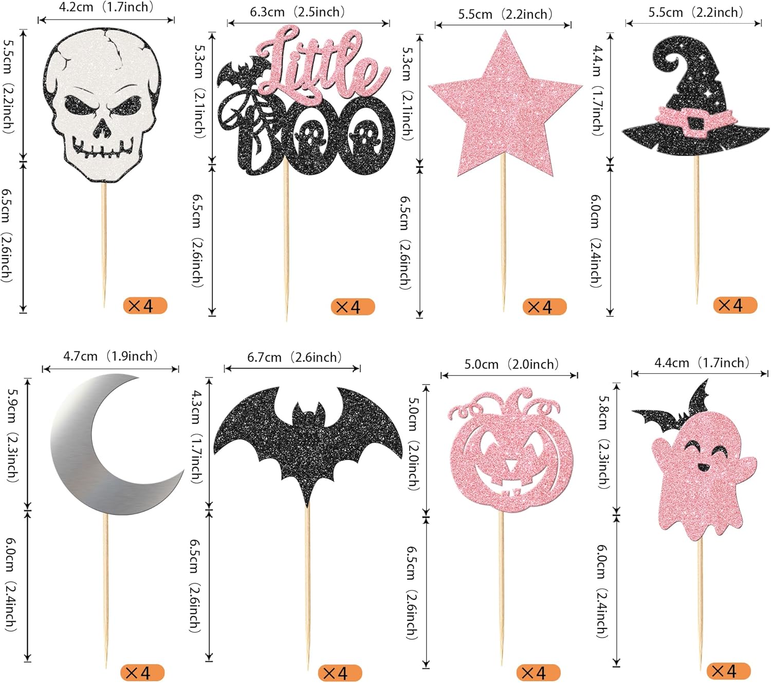 Rsstarxi Paquete de 32 adornos para cupcakes de Halloween, color rosa y negro, murciélago, fantasma, pequeño abucheo, cupcakes, palillos de comida