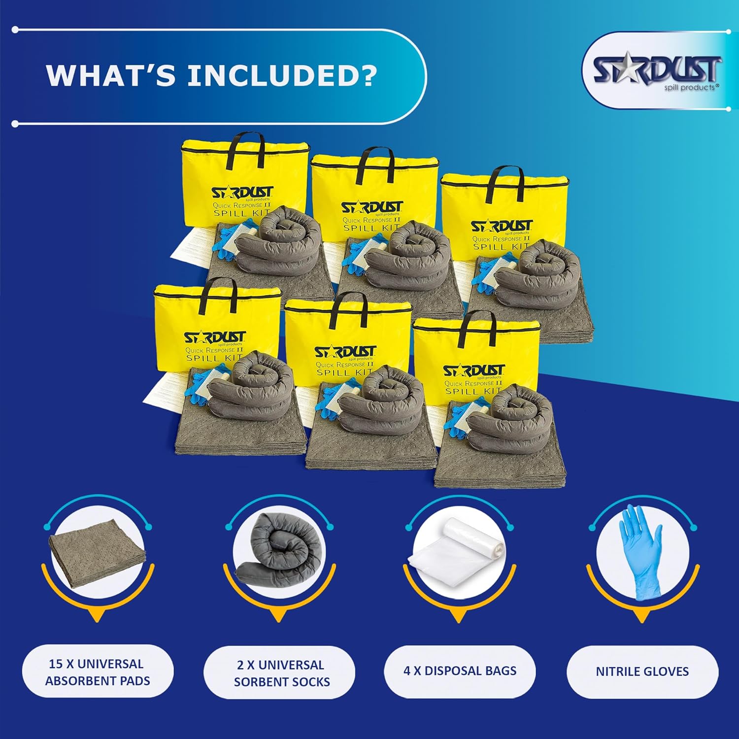 Stardust Quick Response Kit universal para derrames paquete de 6 unidades. Cada paquete incluye bolsa de lona amarilla, 15 almohadillas absorbentes