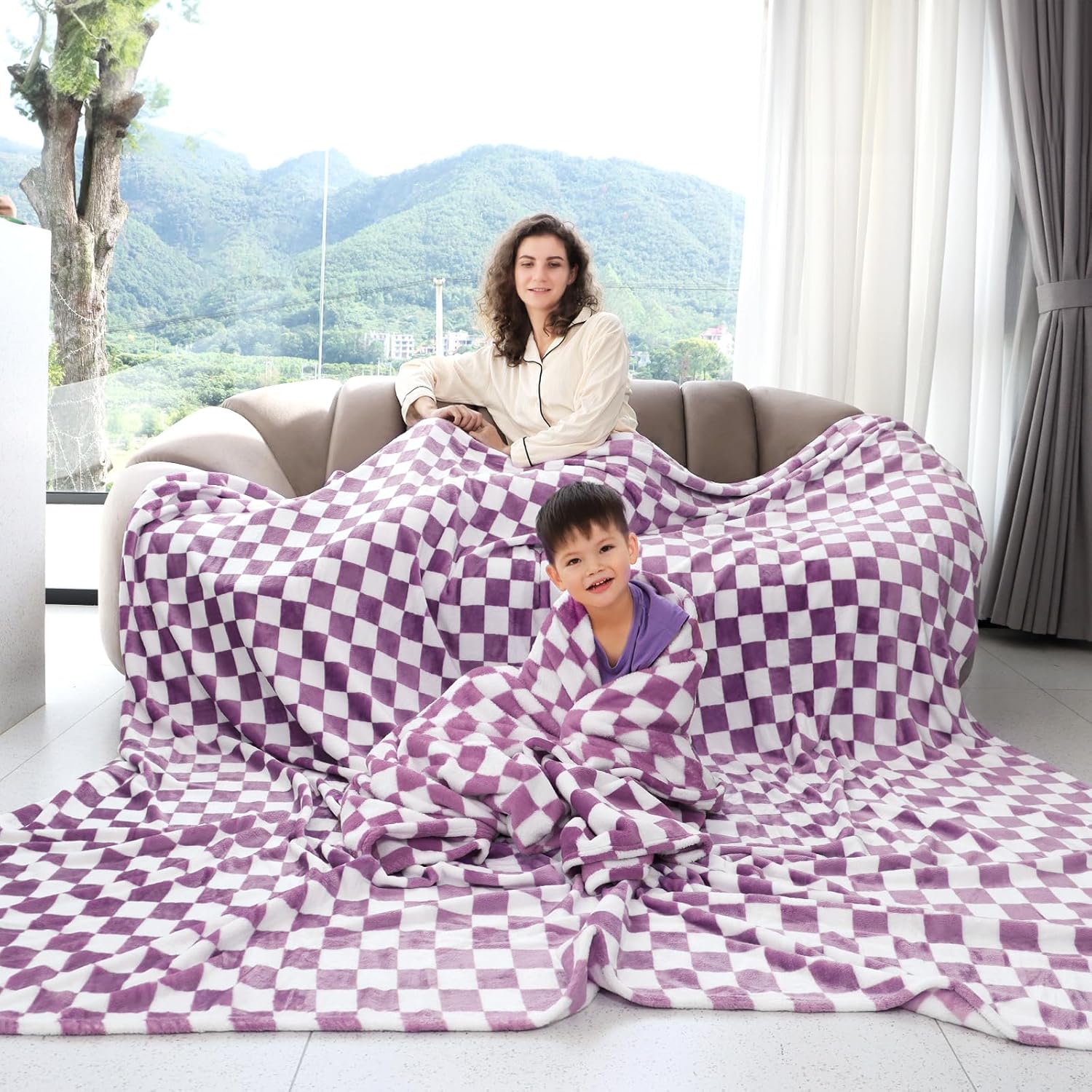 Manta cálida suave y acogedora manta de forro polar a cuadros para sofá (celosía morado, 50 x 60 pulgadas)