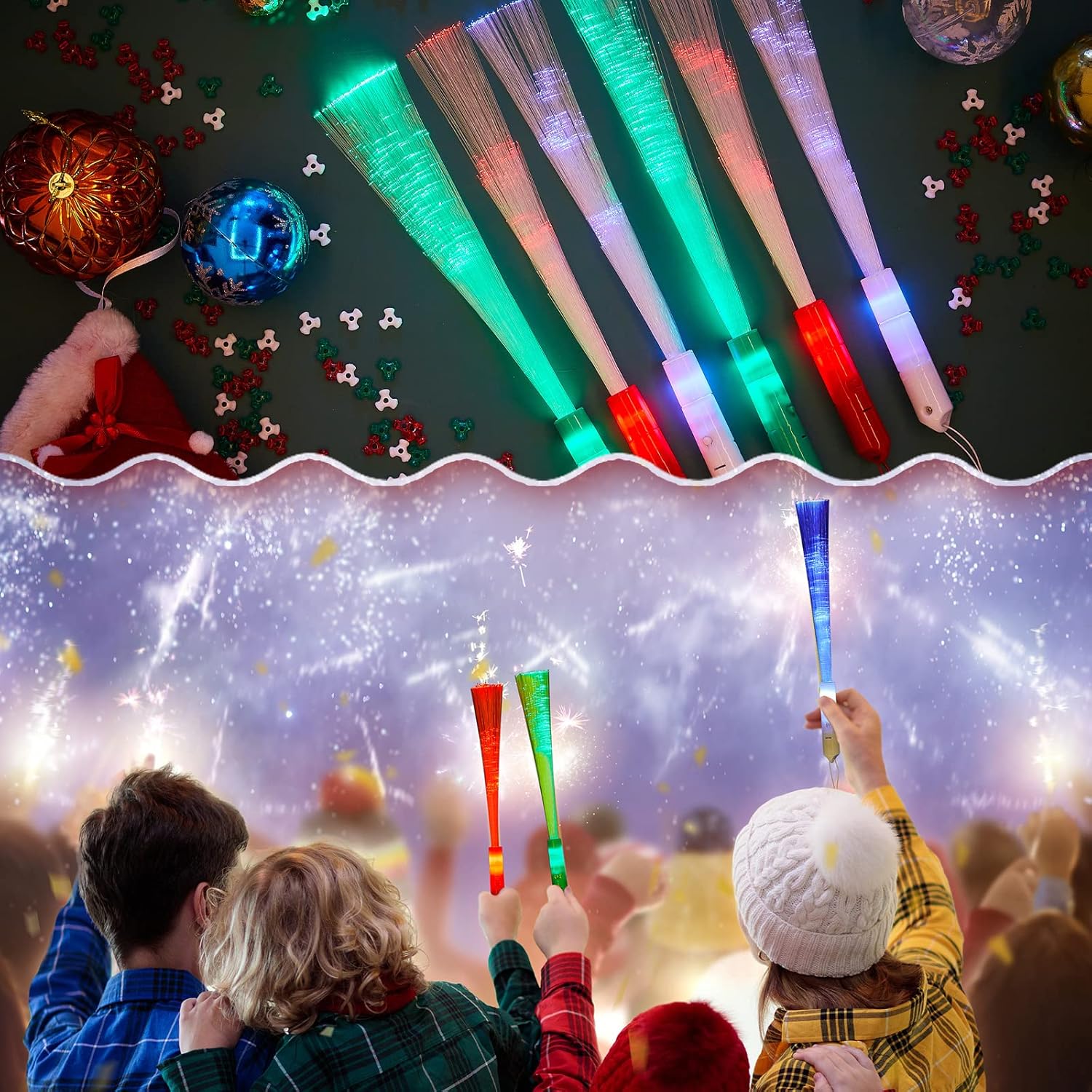 Sotiff 48 varitas de fibra óptica de Navidad a granel con 3 modos intermitentes incluidos, baterías LED intermitentes, varitas de fibra de colores