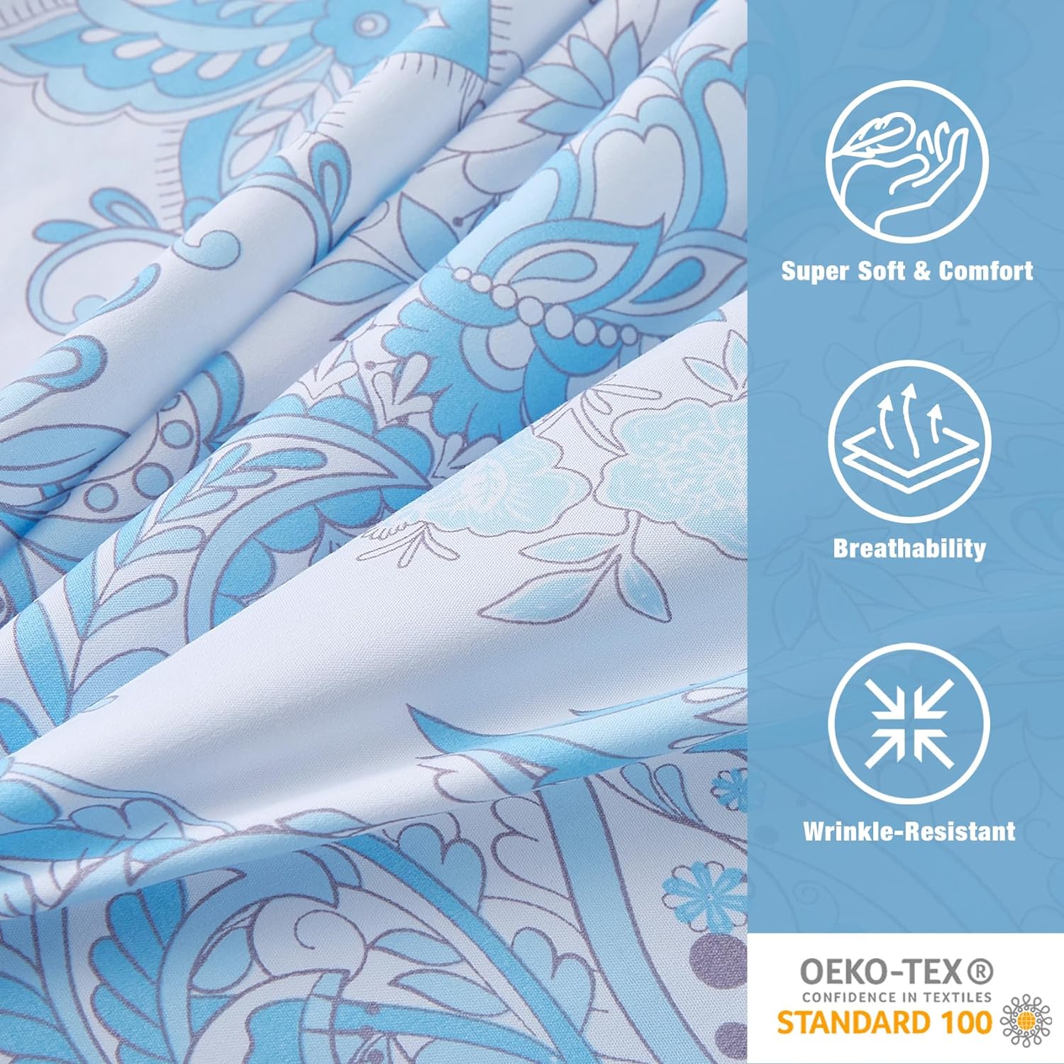JSD Juego de sábanas de 4 piezas con estampado de cachemira azul hielo, tamaño King, sábanas de microfibra suave, bolsillo extra profundo, sin