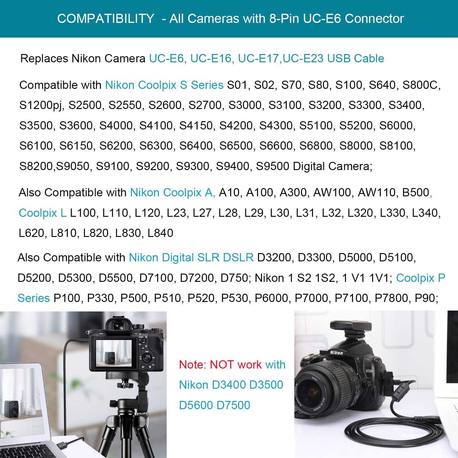 MaxLLTo Cable de carga USB extra largo de 5 pies para Nikon Coolpix S 205 Cámara