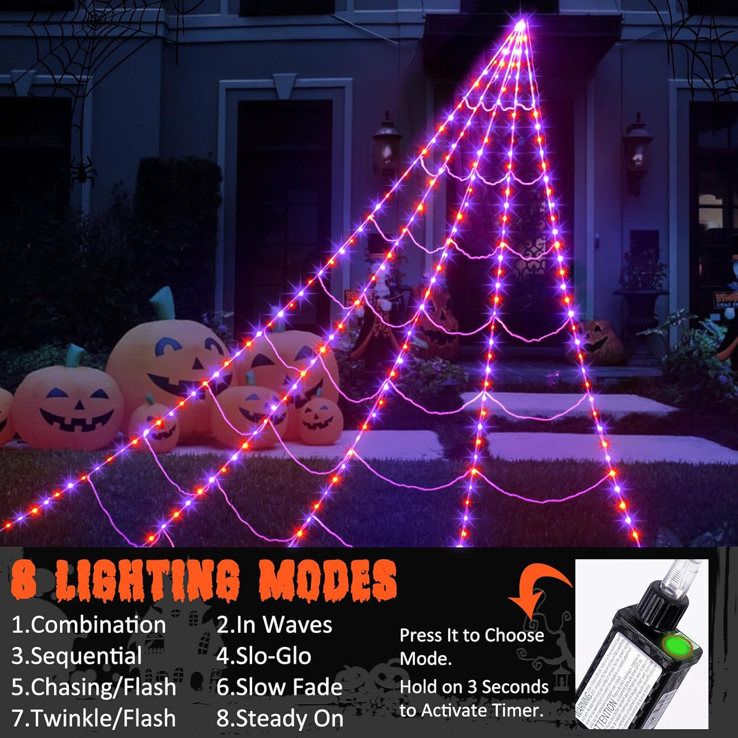 Telarañas para decoración de Halloween al aire libre, 290 luces LED de telaraña, decoración con araña grande de 78.7 pulgadas y telaraña elástica de