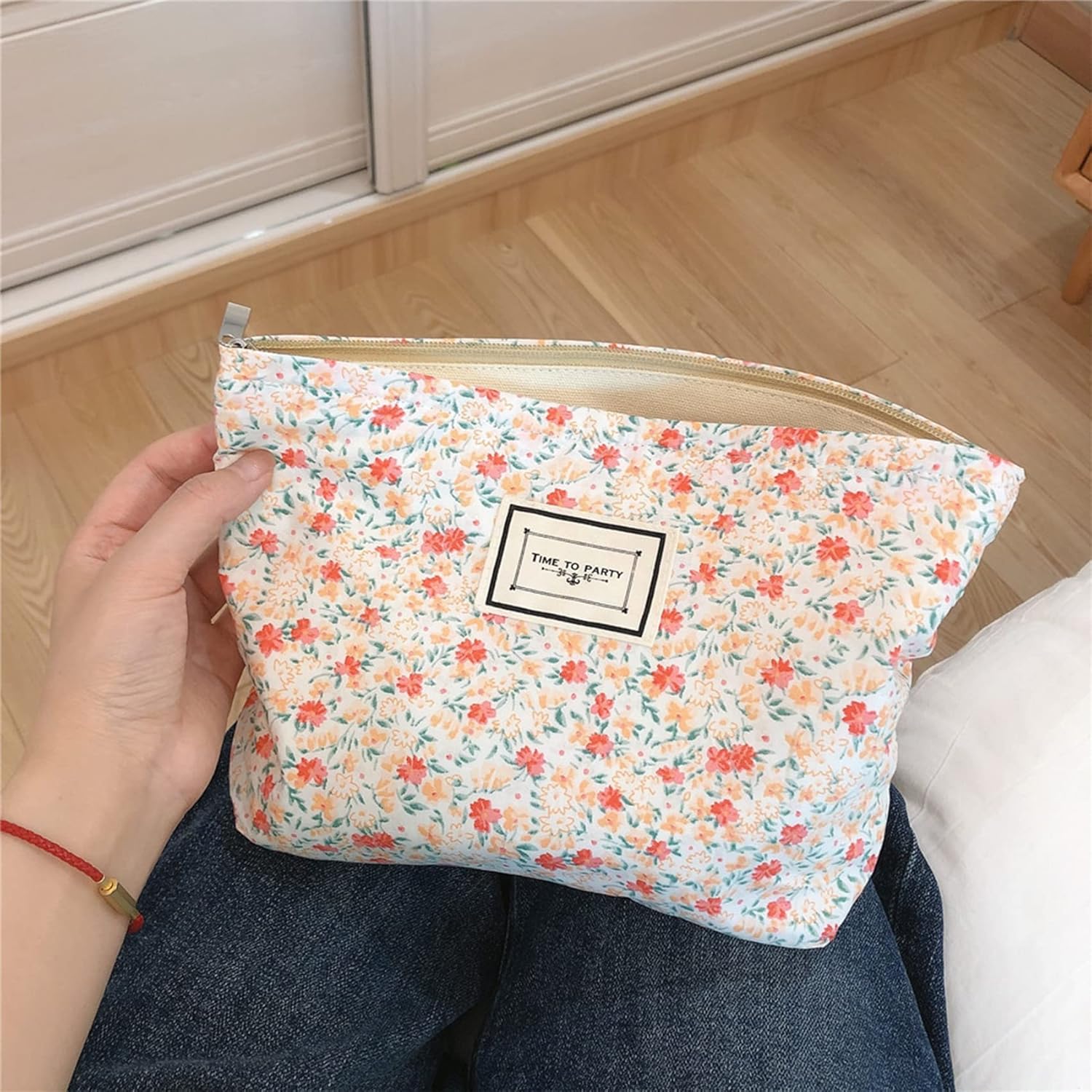 Aganmi Bolsa de maquillaje floral para mujer con cremallera, bolsas de cosméticos estéticas con forro de lona, bonitas bolsas de maquillaje de viaje