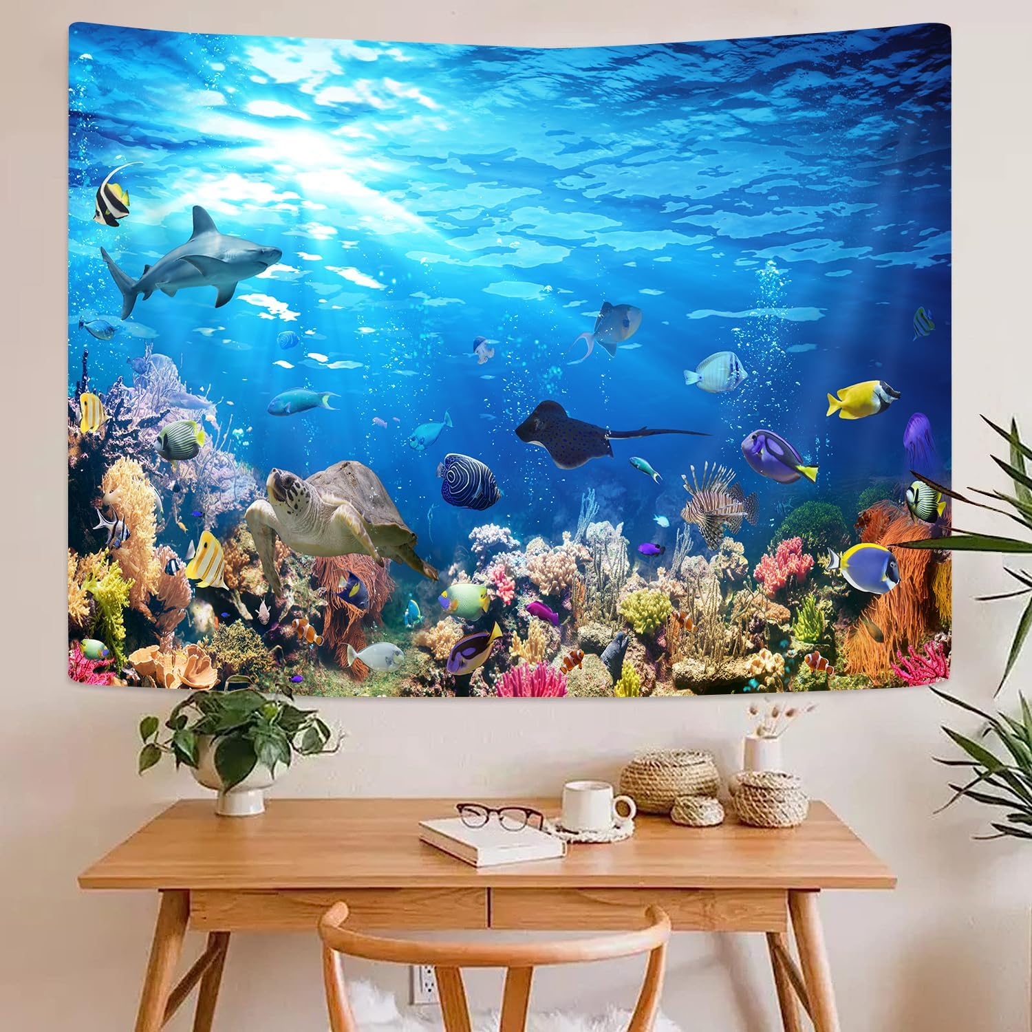 Emwnodti Tapiz de mundo de olas oceánicas azules, tapiz para colgar en la pared, vida marina y arrecife de coral para la educación de los niños,