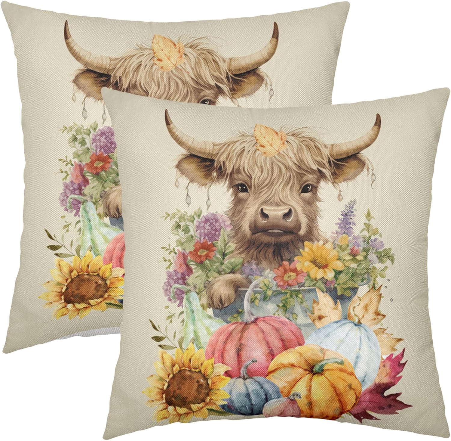Juego de 2 fundas de almohada de otoño de 18 x 18 pulgadas, diseño colorido de calabaza, girasol, vaca, para exteriores, para Acción de Gracias,