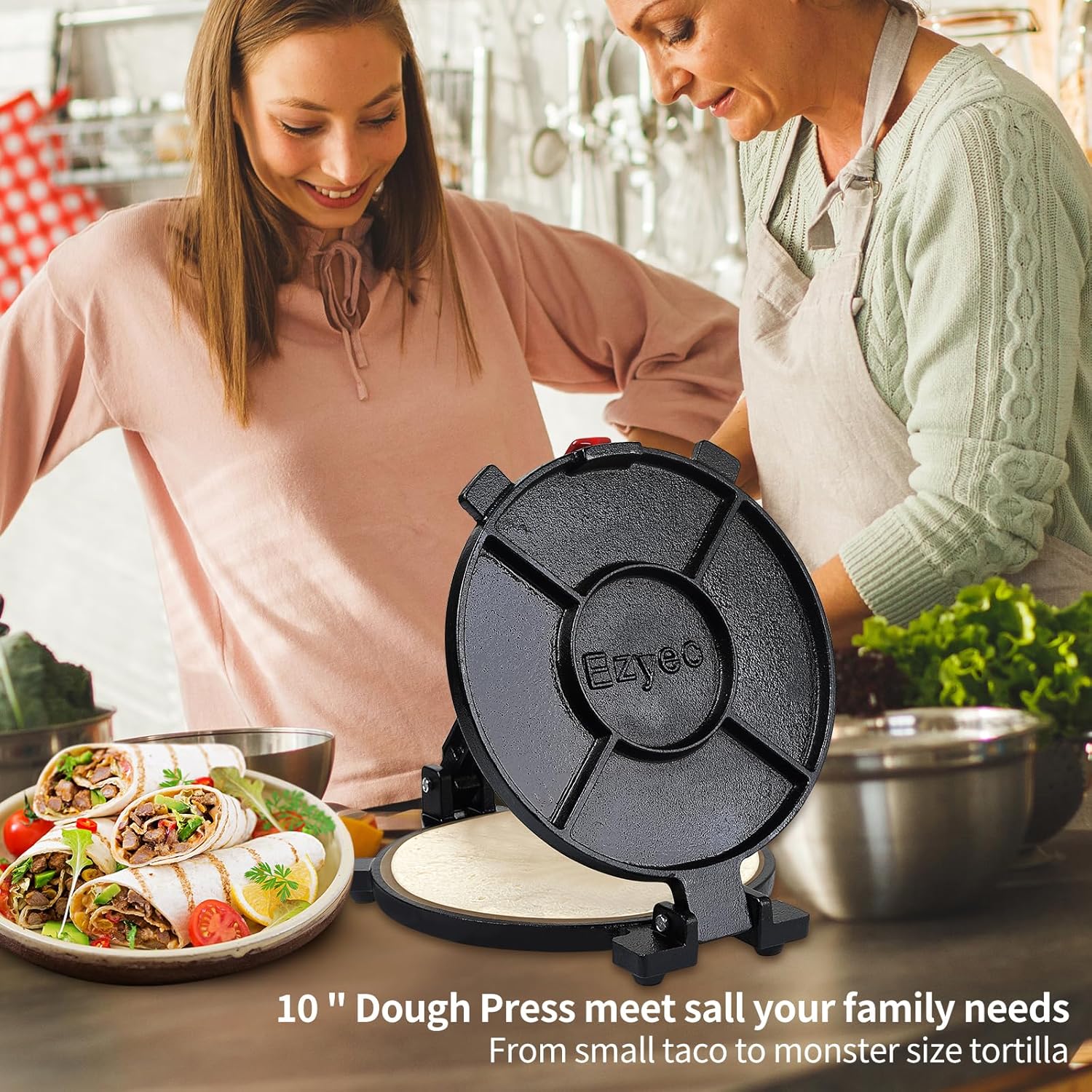 Cast Iron Tortilla Press 8-10 Inch, Large Roti Maker with Silicone Grip Handle for Roti, Taco, Flour, Corn, Dough, Chapati, Sturdy Prensa Para