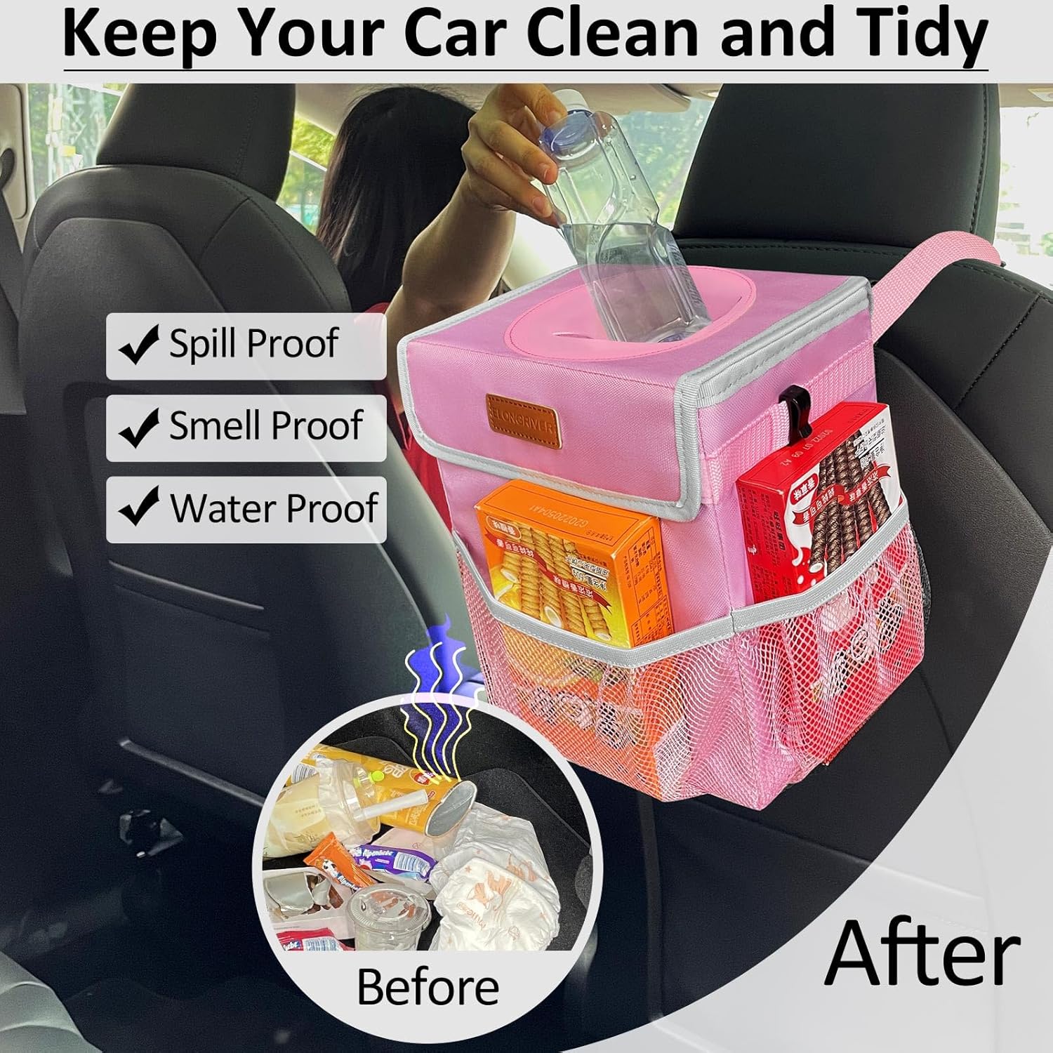 Basurero de coche para SUV, camiones, camionetas, color rosa, capacidad de 2 galones, forro a prueba de fugas, cierres de utilidad, bonito diseño