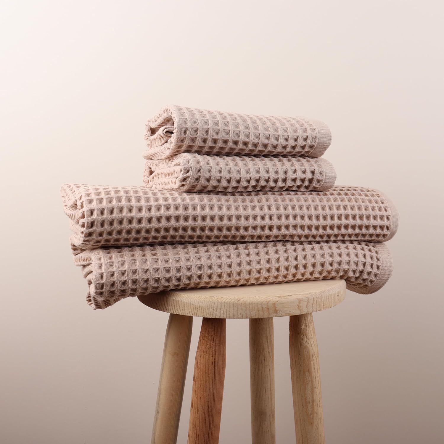 Püskül – Juego de 4 toallas de punto gofre para baño, algodón turco orgánico de primera calidad, 2 toallas de mano y 2 toallas de baño (beige)