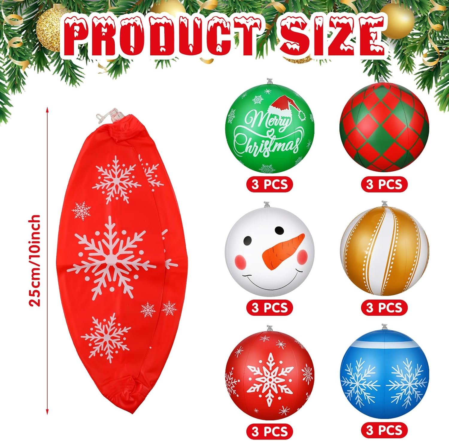 Jetec 18 bolas de Navidad inflables gigantes de 16 pulgadas de PVC para colgar en interiores y exteriores, adornos de Navidad para árbol, patio,