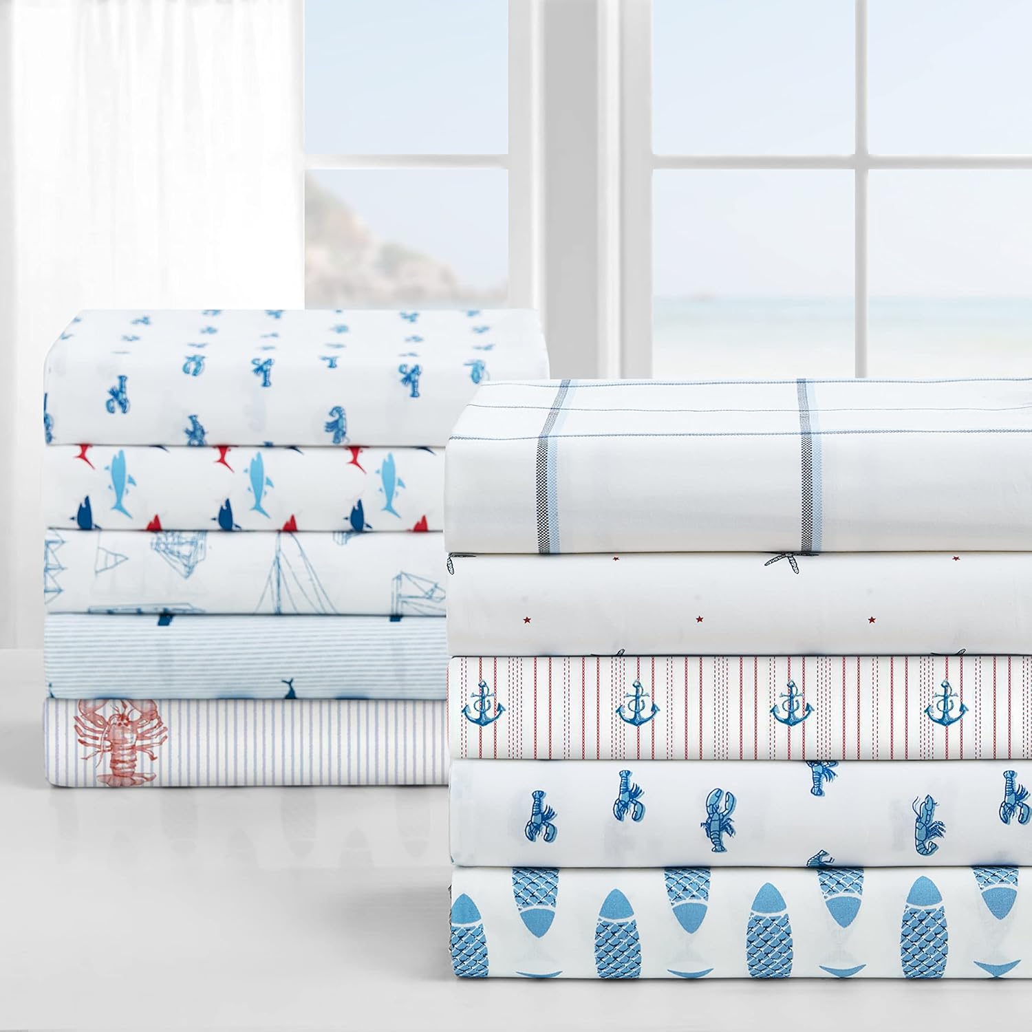 Nautica – Juego de sábanas de percal de algodón, decoración costera del hogar, artículos esenciales para la habitación del dormitorio (Beaux Stripe