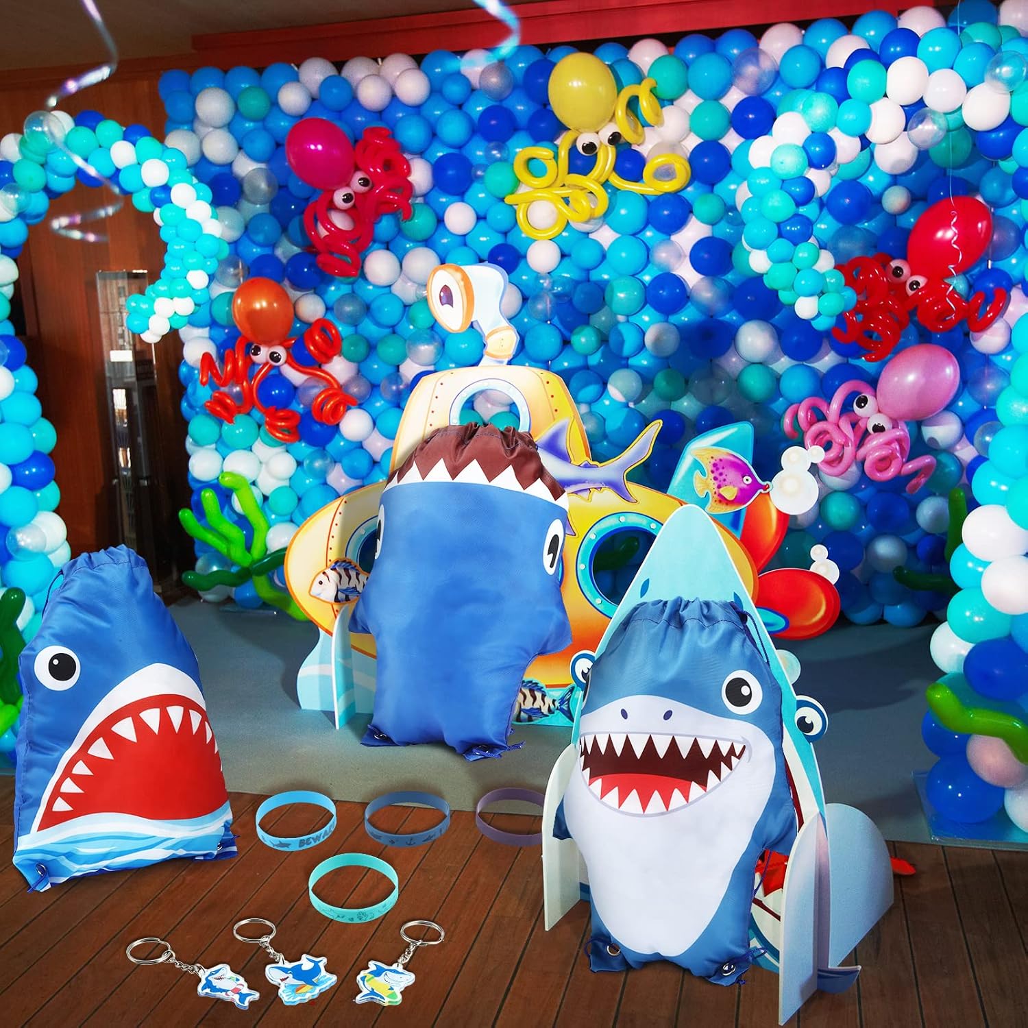 48 piezas de suministros de fiesta de tiburón, recuerdo de fiesta de piscina del océano azul para niños con 16 bolsas de cordón para fiesta de
