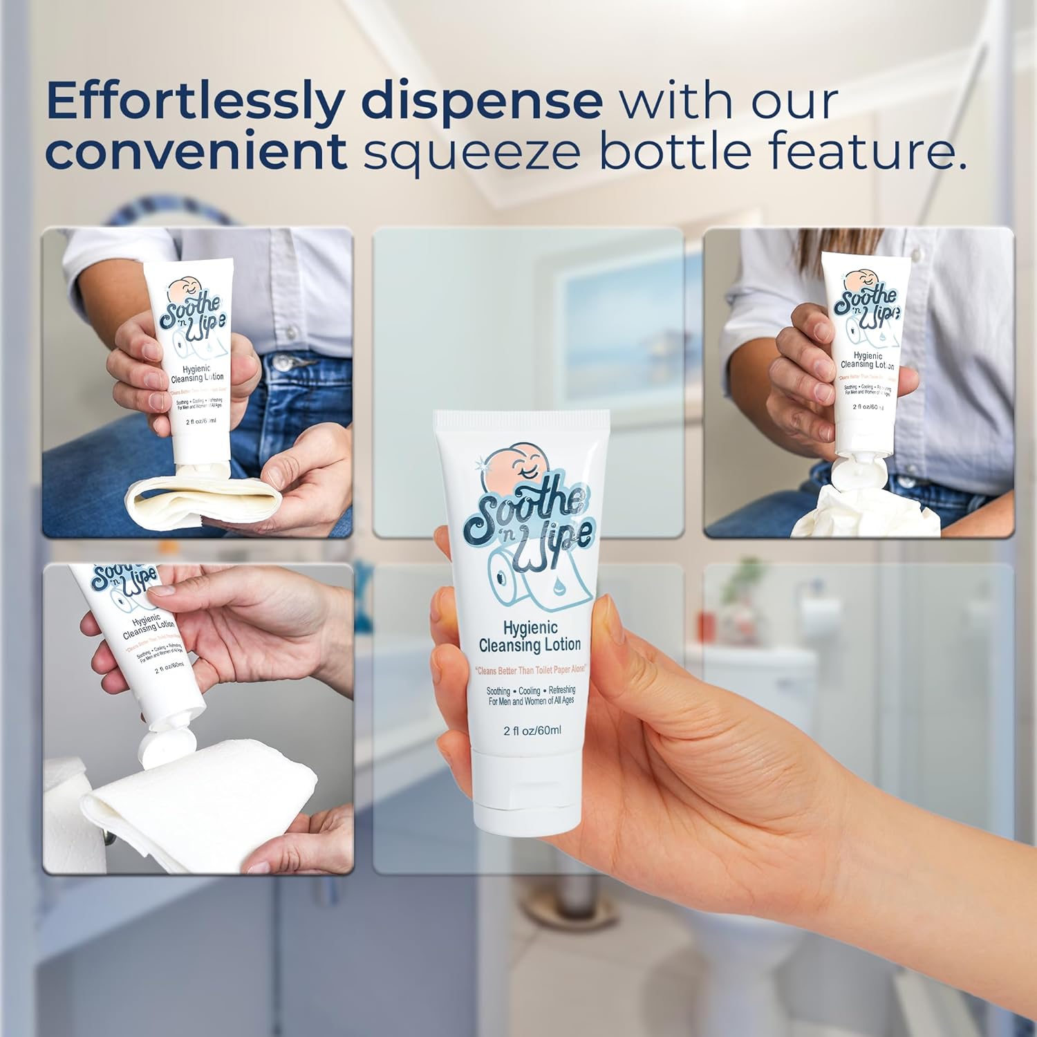 Soothe ‘n Wipe Loción limpiadora higiénica de 2 onzas, alternativa de toallitas desechables con aloe e hidratantes, humedecedor de papel higiénico
