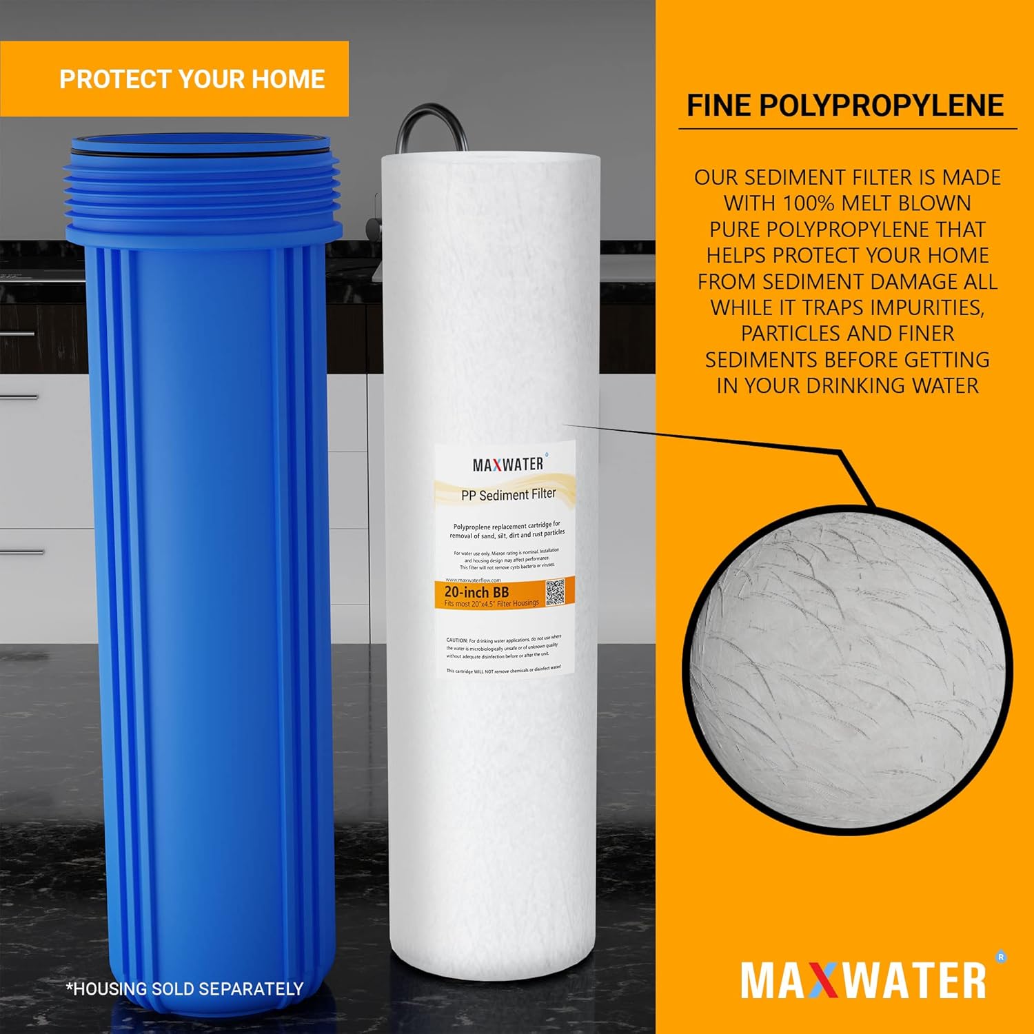 Max Water Cartucho de filtro de agua de sedimentos de repuesto de 20 x 4.5 pulgadas, 10 micrones para toda la casa, fibra de filtración soplada por