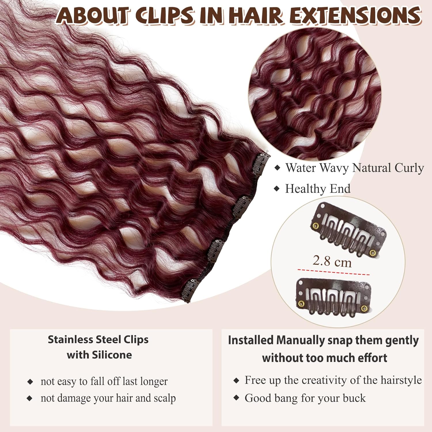 Extensiones de cabello humano con clip, color burdeos, extensiones de cabello humano largo ondulado con clip, 2.47 onzas, 7 unidades, extensiones de