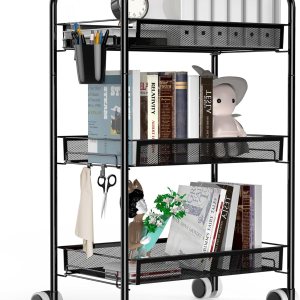 Carrito de metal de 3 niveles con ruedas, con cestas, fácil de transportar y montar con práctico cubo y ganchos, negro MRC02B Carrito de metal de 3 niveles con ruedas, con cestas, fácil de transportar y montar con práctico cubo y ganchos, negro MRC02B
