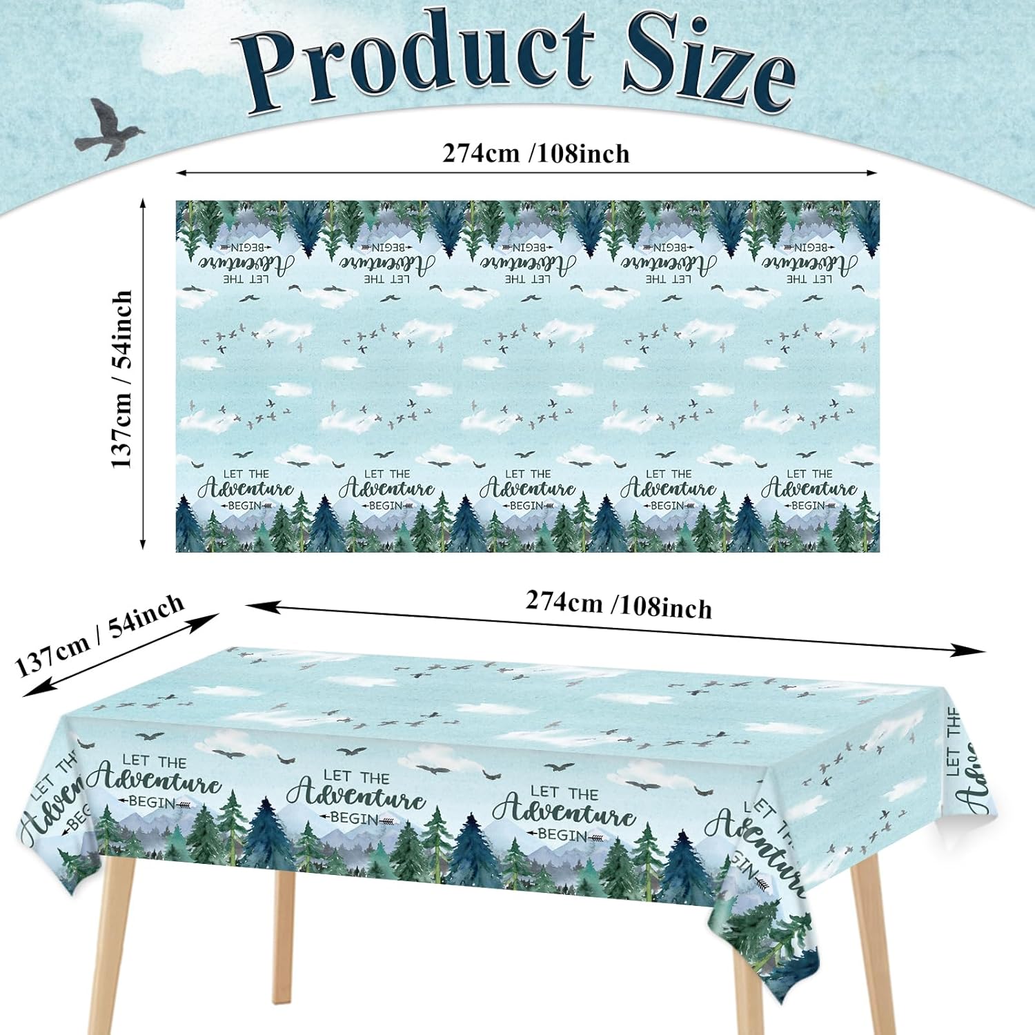 Mantel de 3 piezas con texto en inglés “Adventure Awaits Let The Adventure Begin”, mantel rectangular desechable de plástico para baby shower,