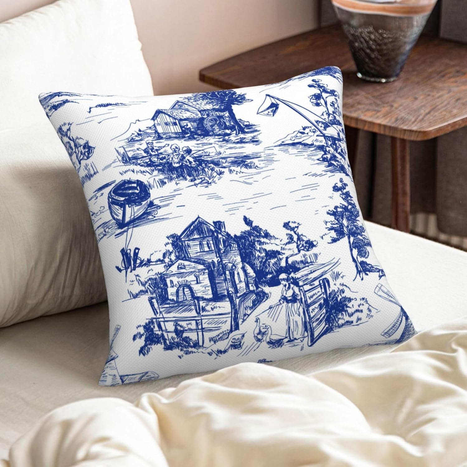 Fundas de almohada Toile, funda de almohada azul Toile, decoración de campo francés, funda de almohada azul y blanca, fundas de almohada de lino