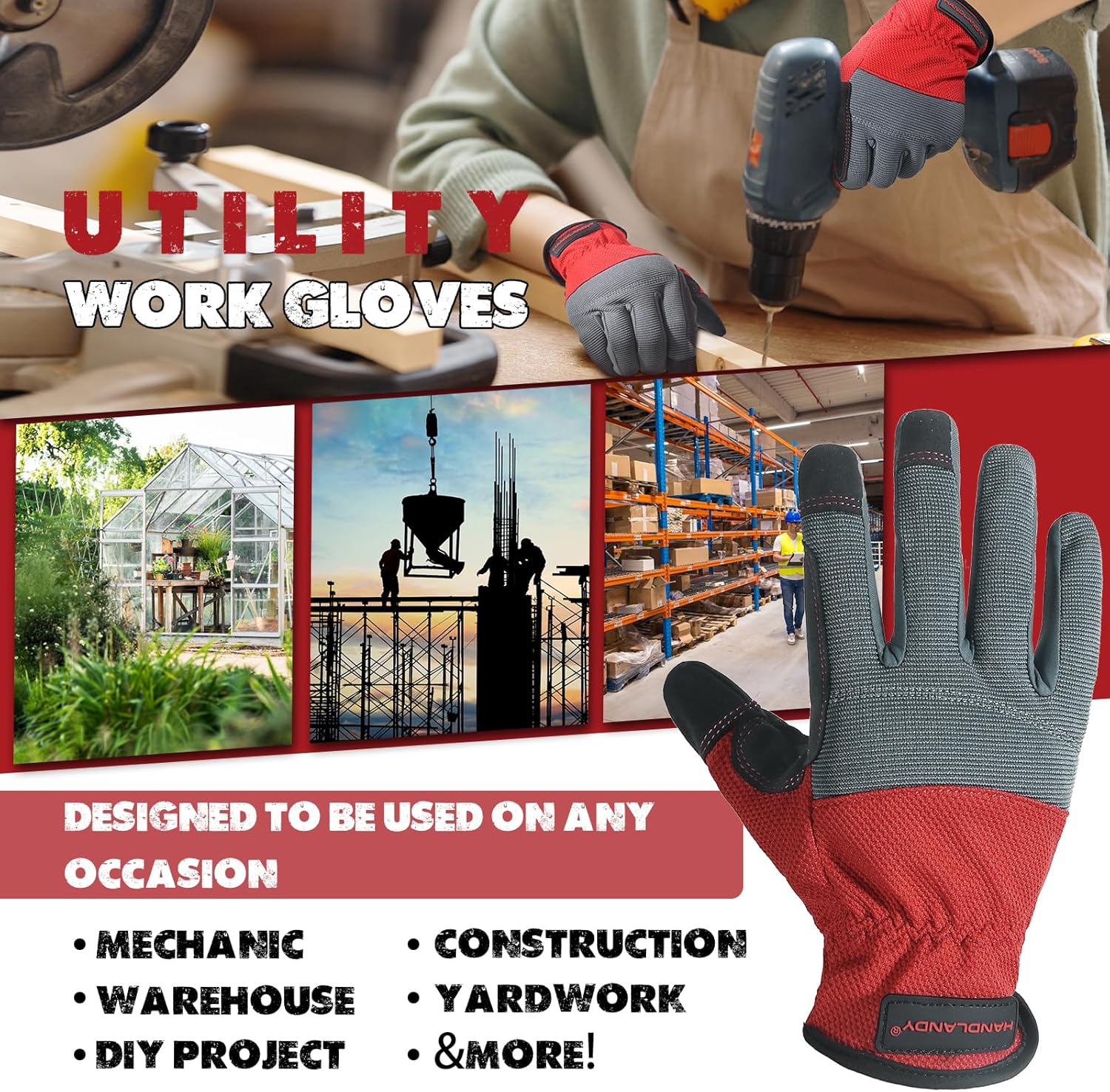 HANDLANDY – Guantes de trabajo para hombre aptas para pantalla táctil, guantes para mecánico flexibles y transpirables, con nudillos y palma