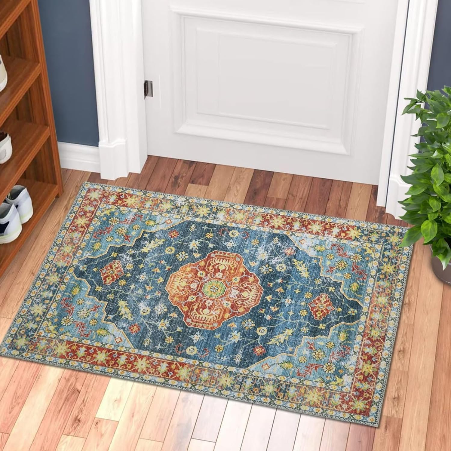 Alfombra vintage de 2 x 3 pies, diseño de medallón, alfombra retro con estampado floral, tapete para interiores, tapete bohemio de felpilla para