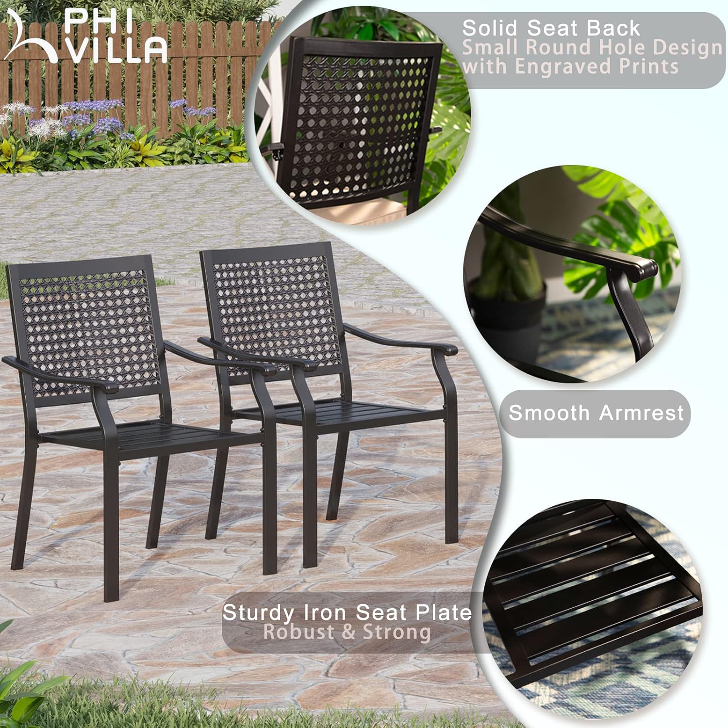 PHI VILLA Juego de 2 sillas de comedor resistentes de metal negro apilables para patio exterior, sillas de hierro forjado, juego de conversación,