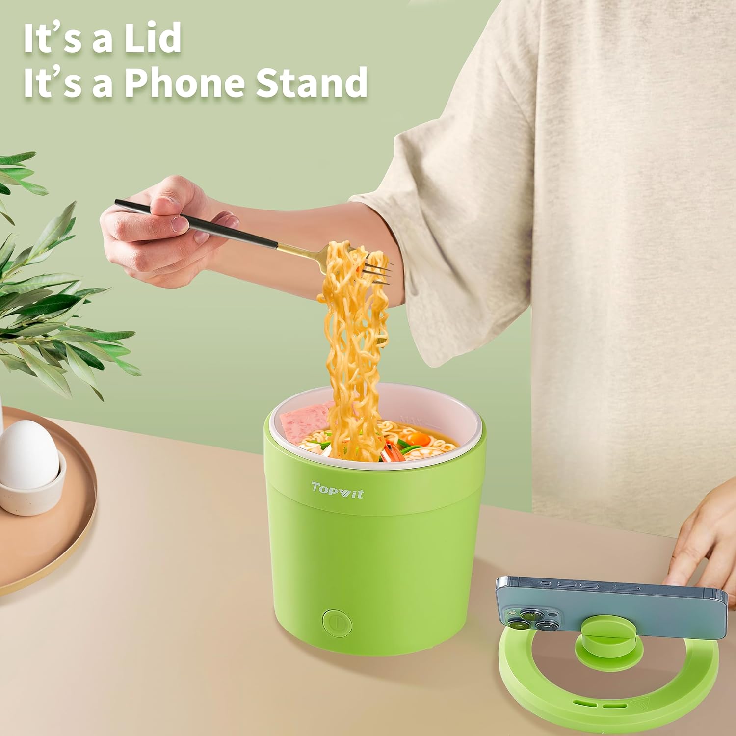 Topwit Ramen – Mini olla eléctrica de 1 litro, olla eléctrica de 500 W para fideos, olla portátil para pasta, bistec, huevo con protección contra