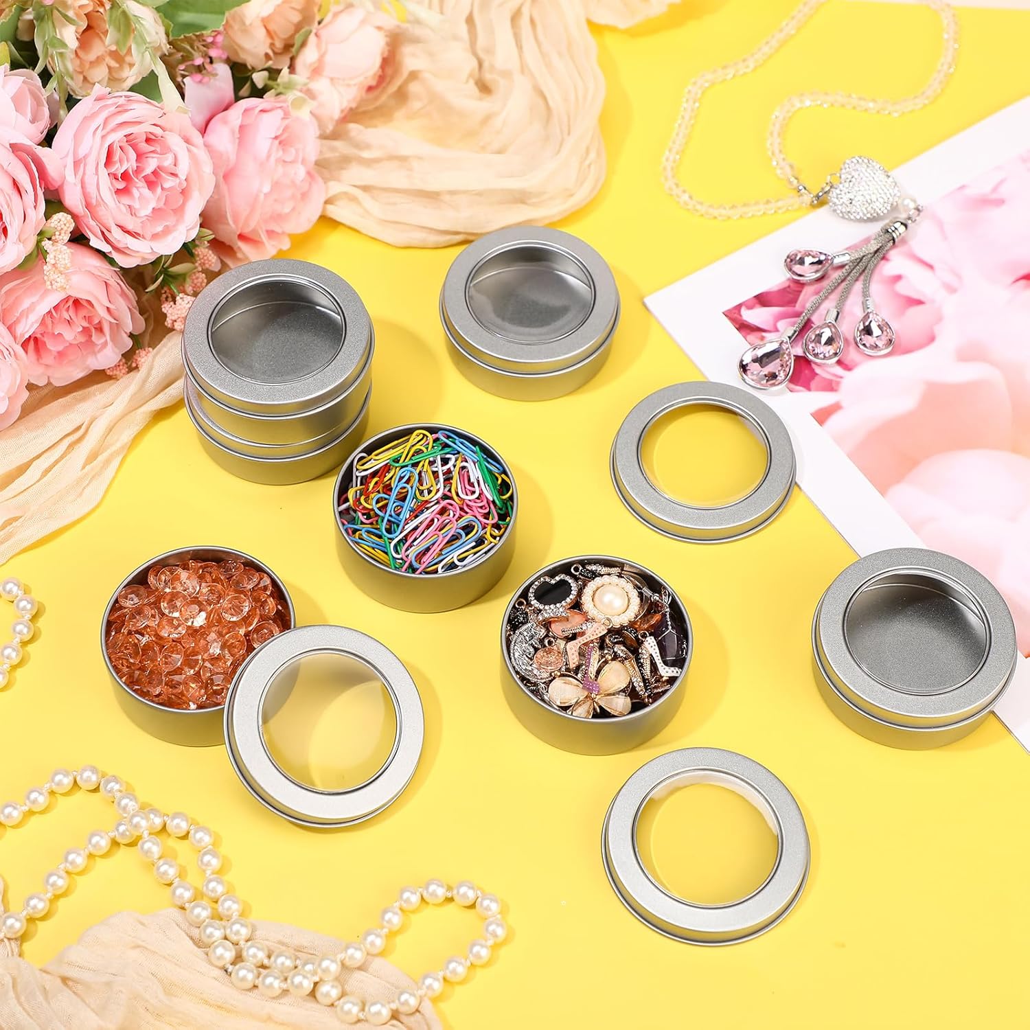 TecUnite Latas de metal de 2 onzas redondas vacías con tapa transparente para cocina, oficina, velas, dulces (paquete de 100)