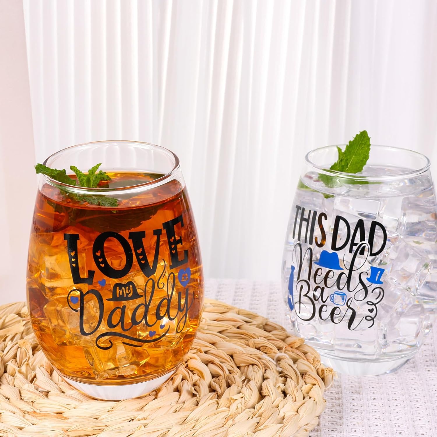 Paquete de 2 copas de vino sin tallo para el Día del Padre, de 15 onzas, divertidas copas de vino modernas, copas de vino de vacaciones para papá,