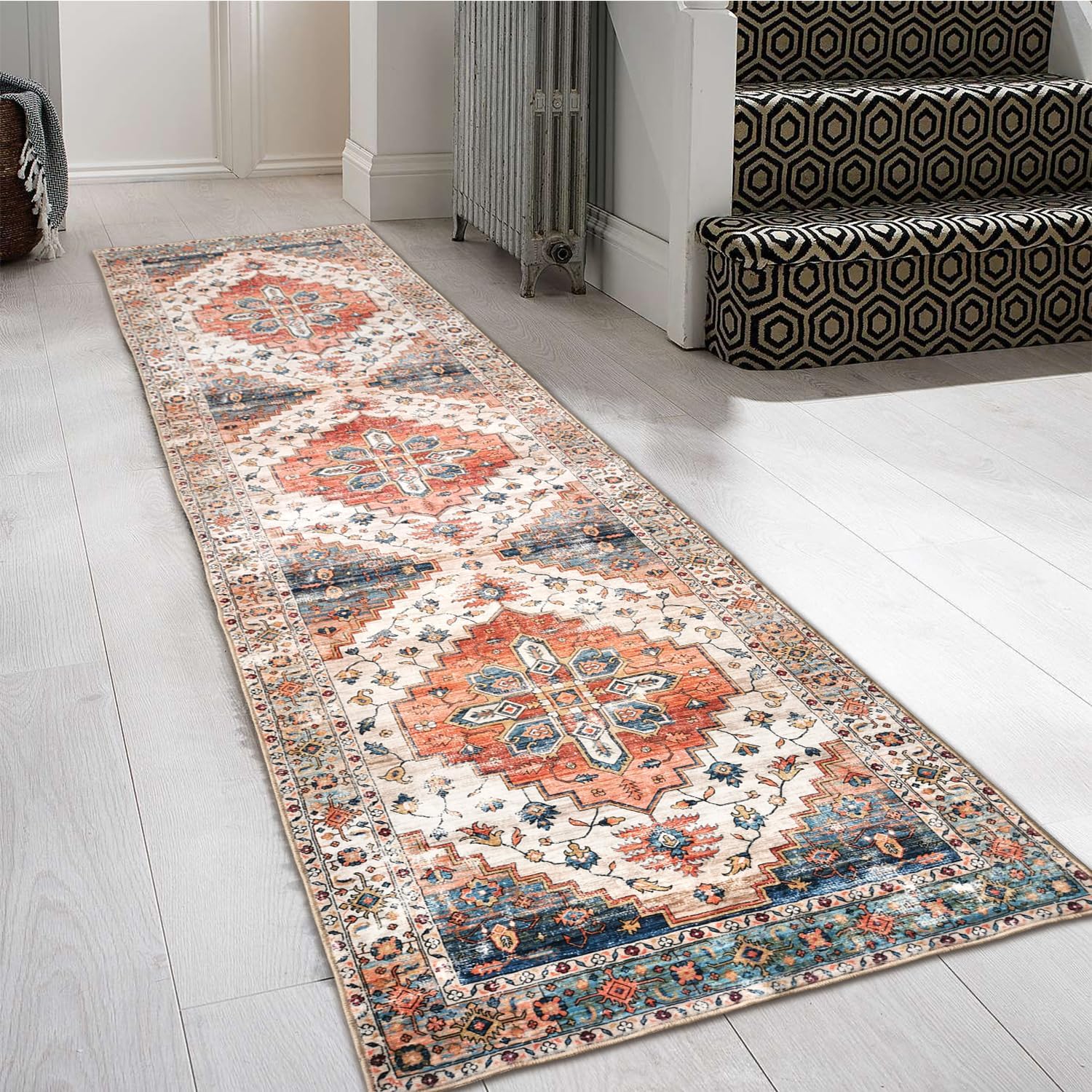 Aopota Hallway Runner Rug with Rubber Backing Low Pile Large Rug Runner Vintage Rug Retro Distressed Carpet Thin Foldable Non Slip Bathroom Kitchen