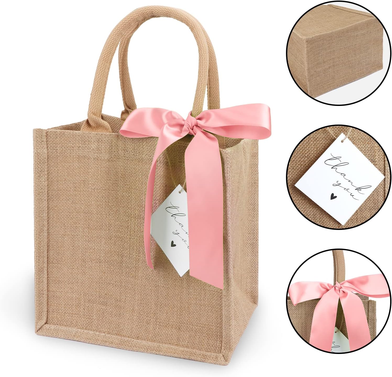 Bolsas de arpillera con asas, bolsas de regalo reutilizables de yute con cintas de seda rosa, forro impermeable para bodas, damas de honor, día de