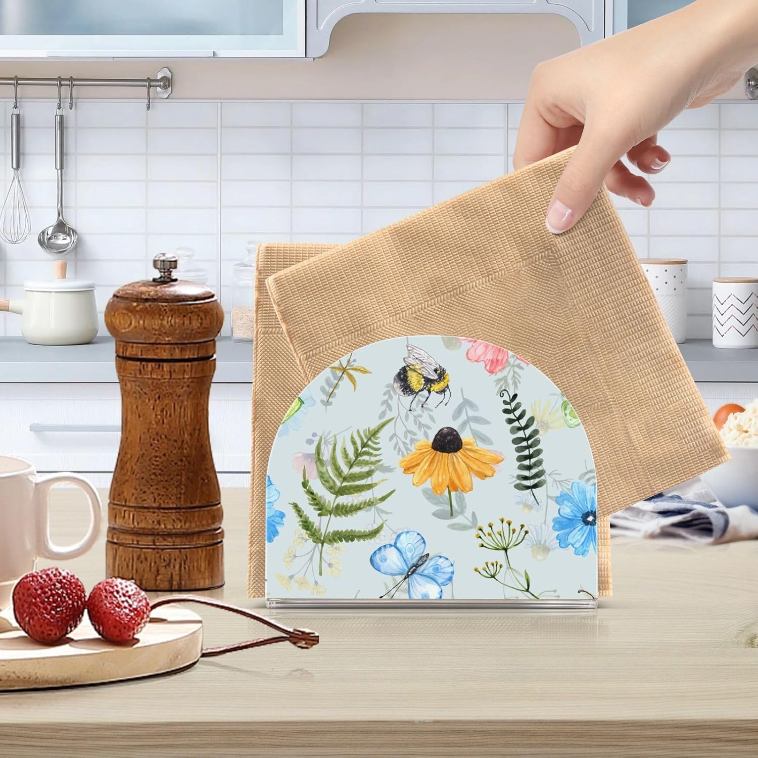 Napkin Holder Wildflowers Butterfly Napkin Holders for Tables, Clear Acrylic Napkin Holders Cocktail Napkin Holder for Kitchen Restaurant Bar Home