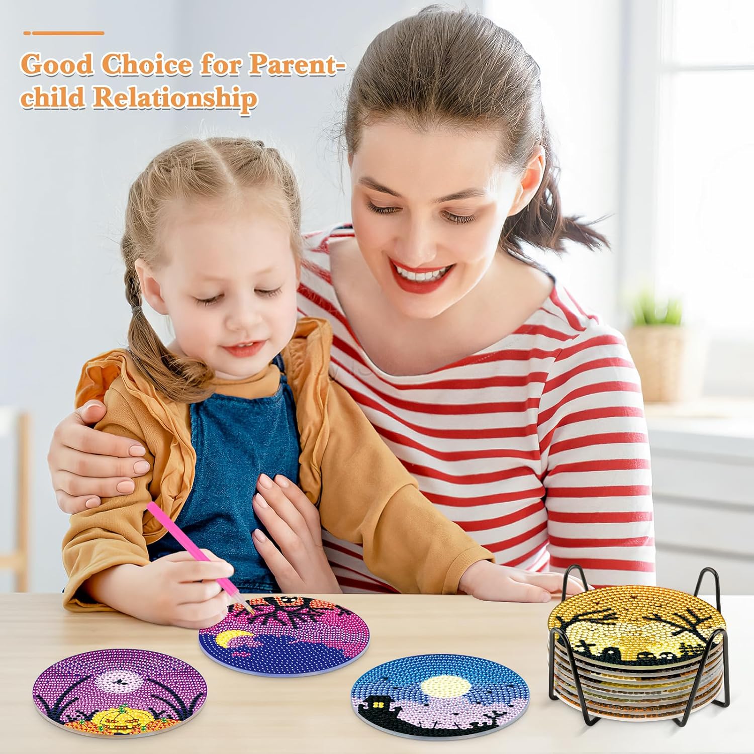 NAIMOER 8 posavasos de pintura de diamantes de Halloween, posavasos de bricolaje con diseño de calavera y diamantes para adultos y niños, posavasos