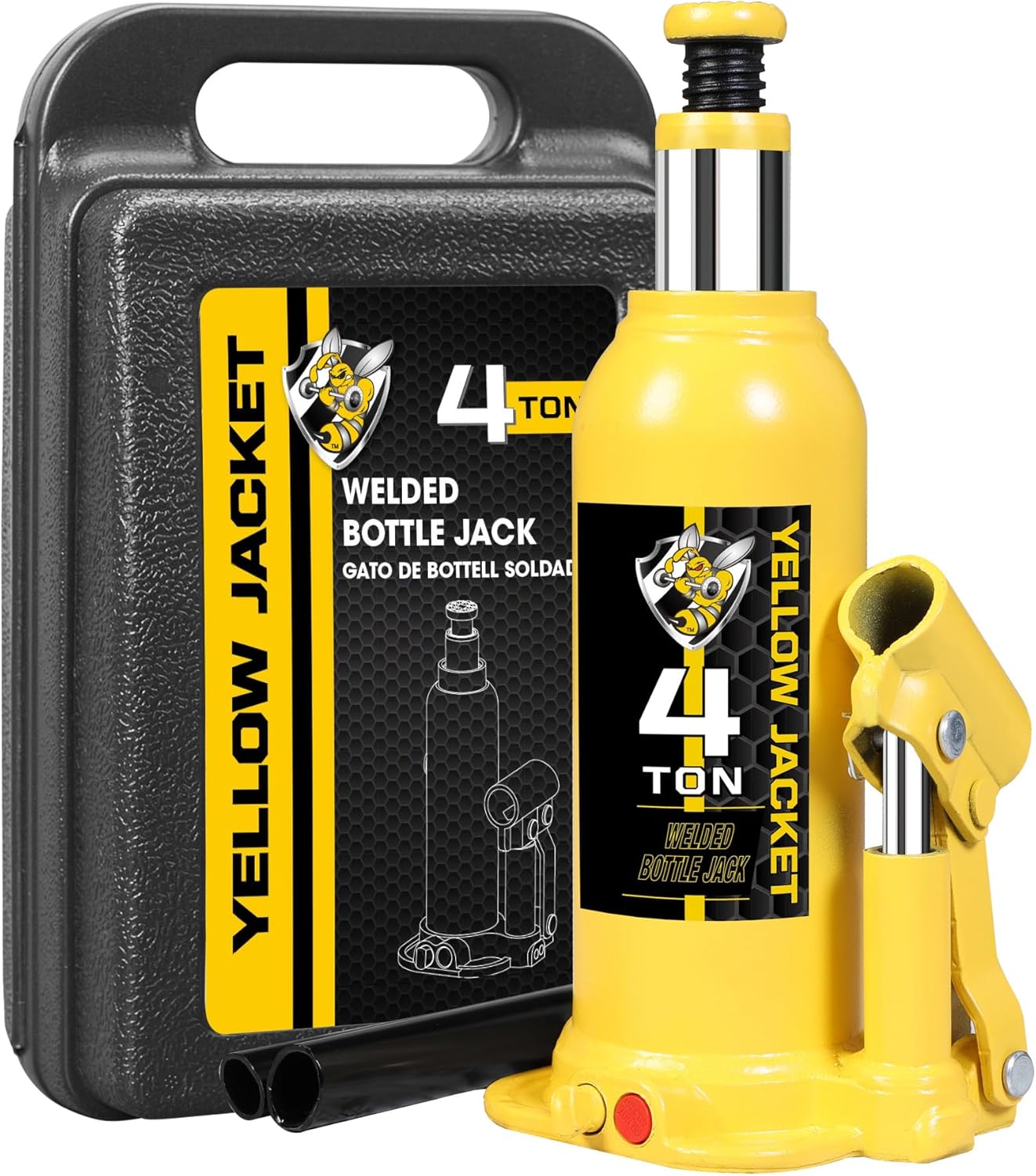 YELLOW JACKET Gato de botella soldado multidireccional de 4 toneladas (8,000 libras) con estuche de transporte para automóvil, camioneta, camión,