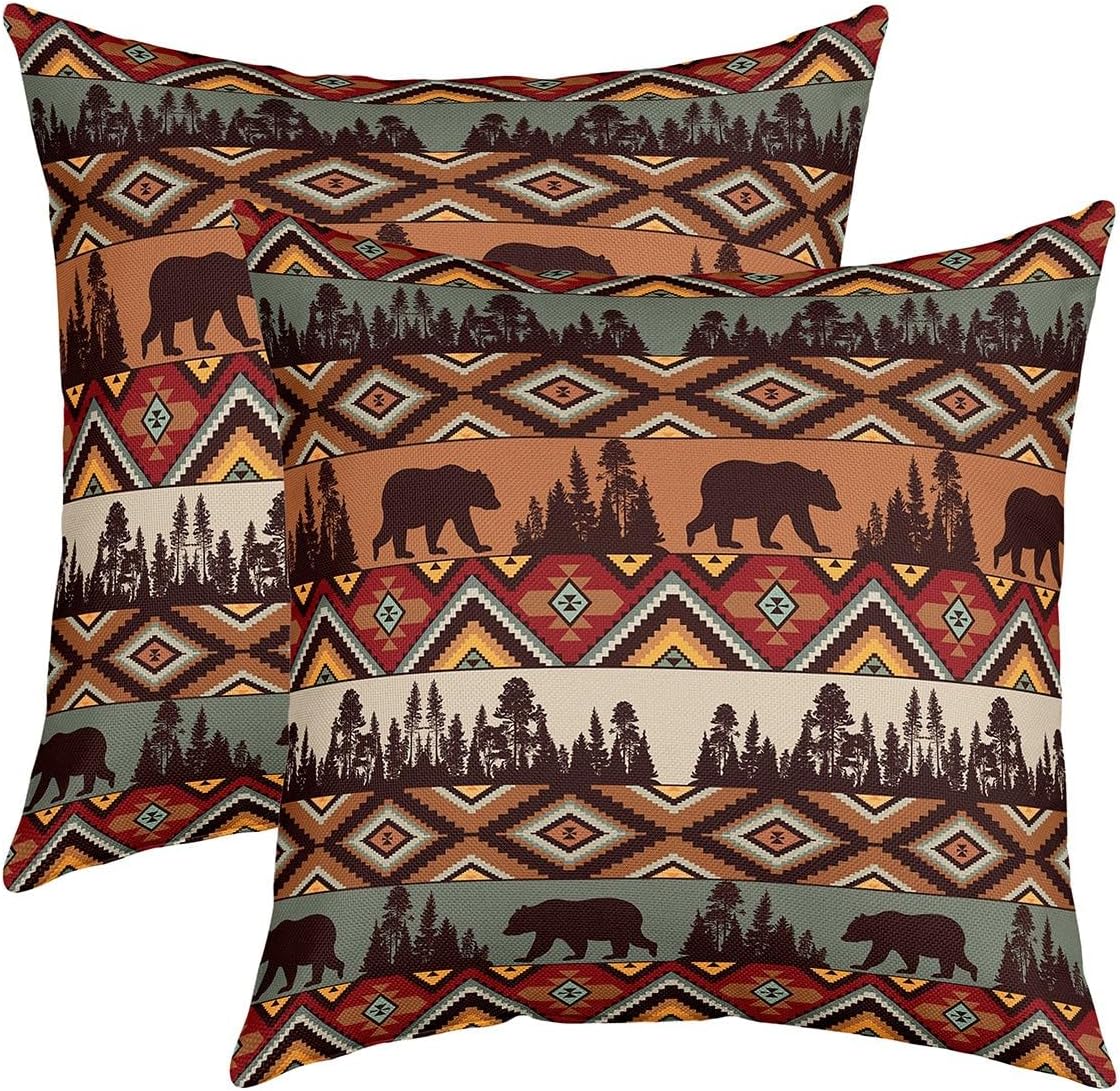 Juego de 2 fundas de almohada de oso azteca de 20 x 20 pulgadas, fundas de cojín estilo occidental para sofá, cama, sillón, diseño tribal étnico