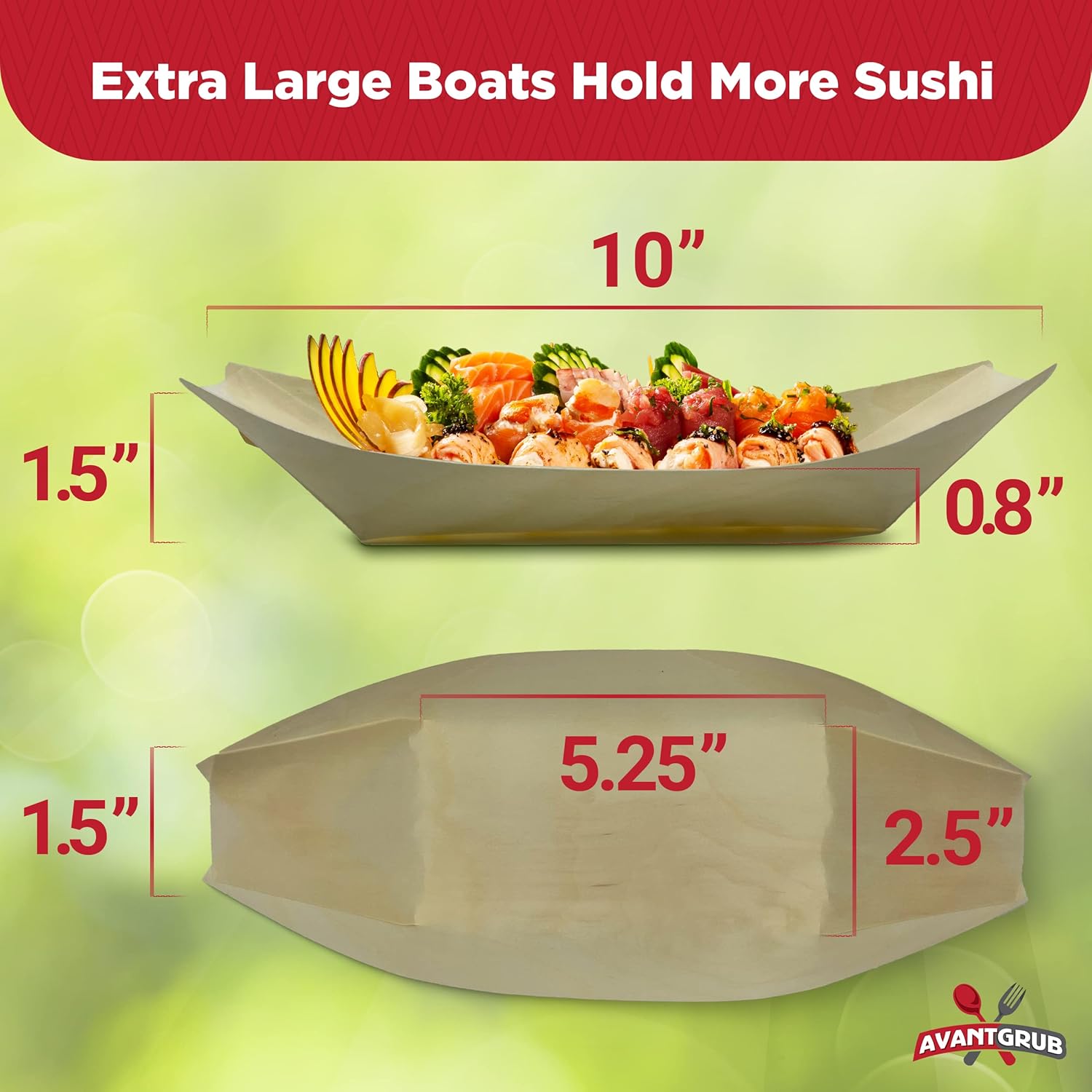 Paquete de 50 botes de sushi biodegradables extra grandes de 10 pulgadas. Platos de aperitivo 100% desechables. Bandejas de alimentos de madera